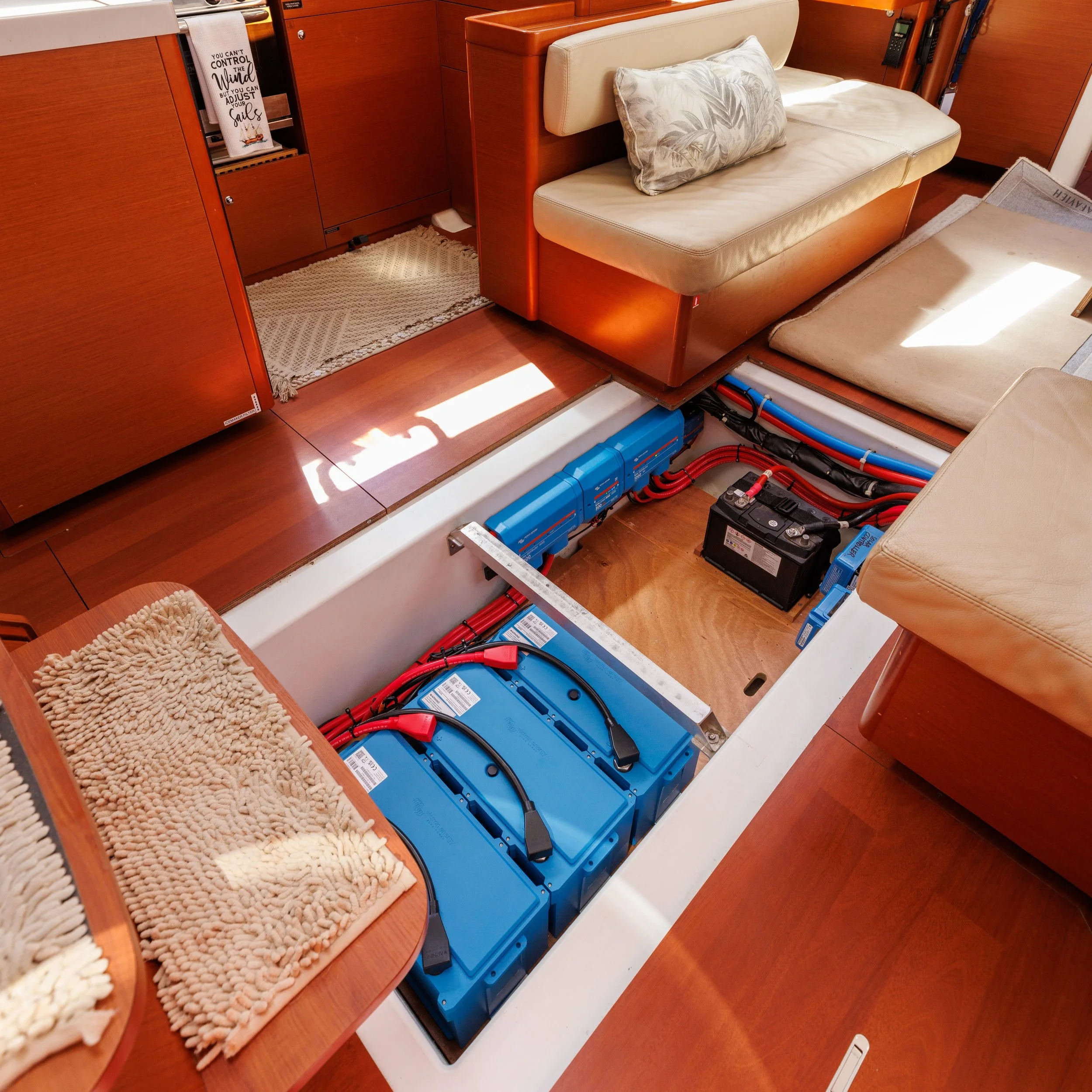 A complete LiFePO4 battery upgrade for this Beneteau Oceanis 51.1, designed to give the owners more usable power and greater energy independence while cruising.
We replaced five AGM batteries with three Victron next-generation LiFePO4 batteries, addi