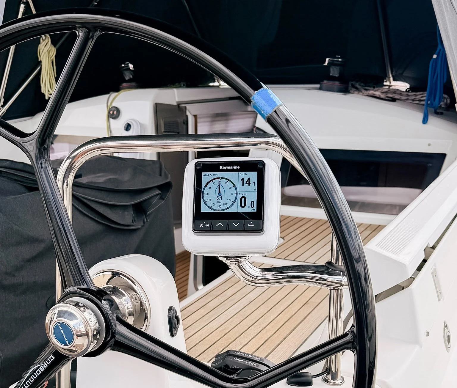 Completed Raymarine i70s wind instrument installation on a Jeanneau 440, providing sailing data at both helm stations.