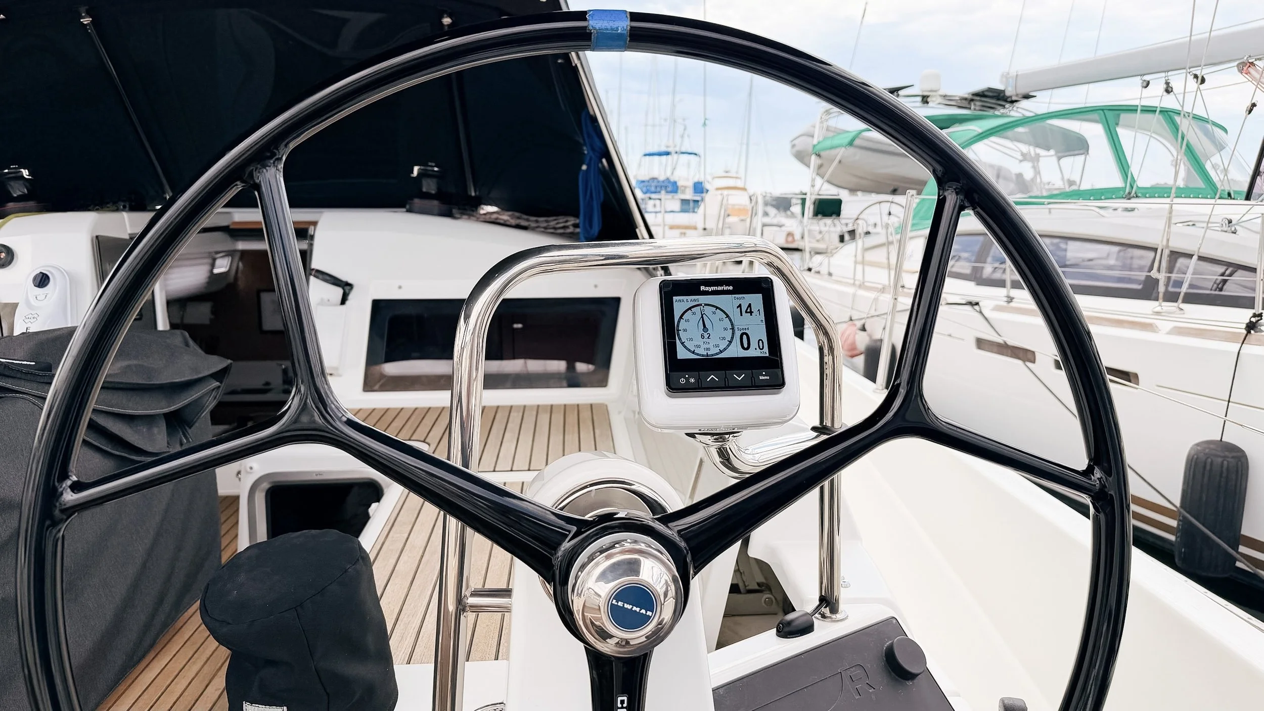 Raymarine i70s wind instruments installed at both helm stations on a Jeanneau 440 sailboat by Upgrade Marine in San Diego.