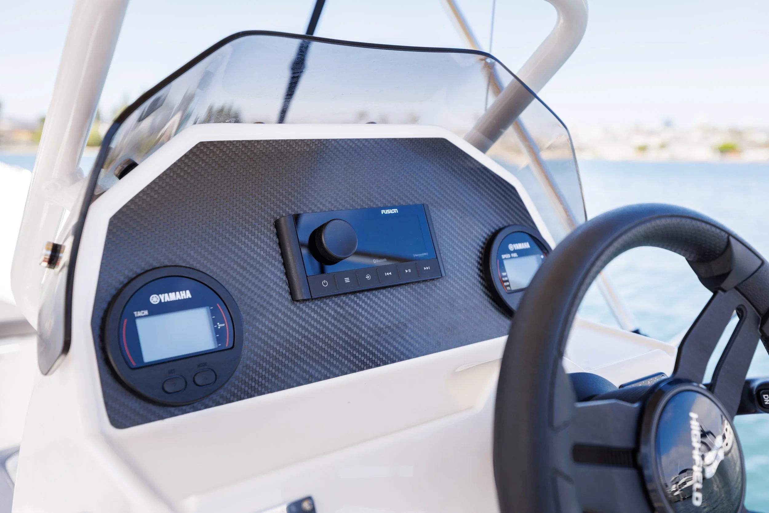 Fusion marine stereo installed on a yacht tender for onboard entertainment.