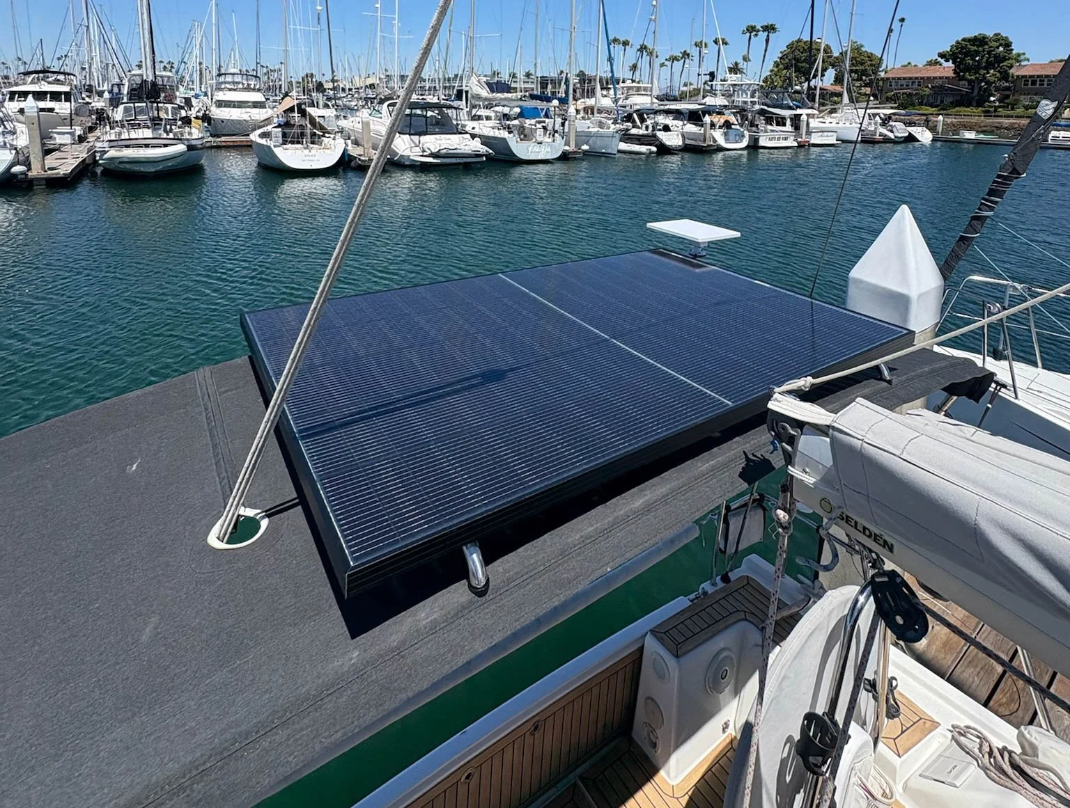 Custom solar setup on sailboat bimini