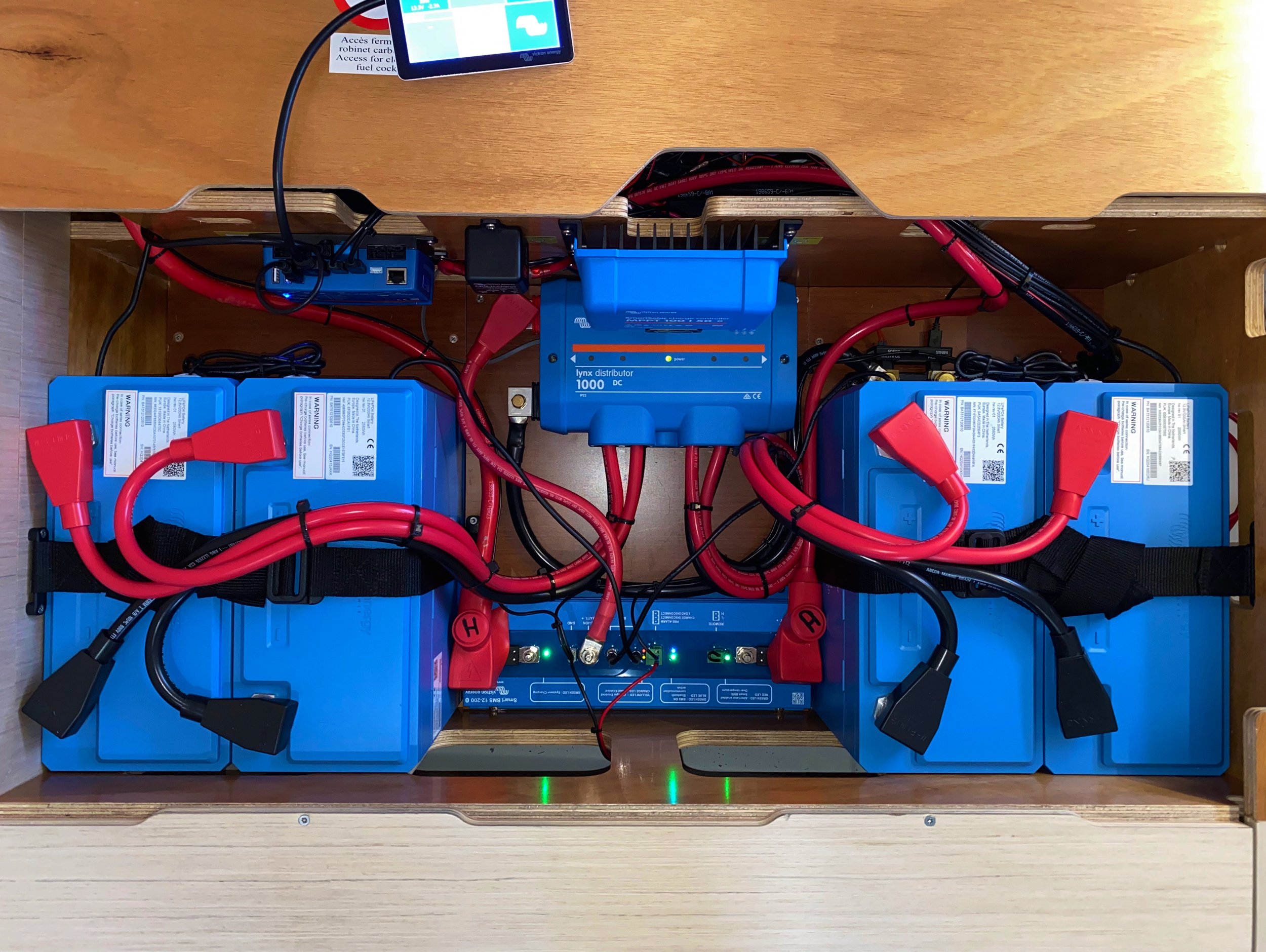 Victron lithium battery power management system installed for marine electrical and energy system integration