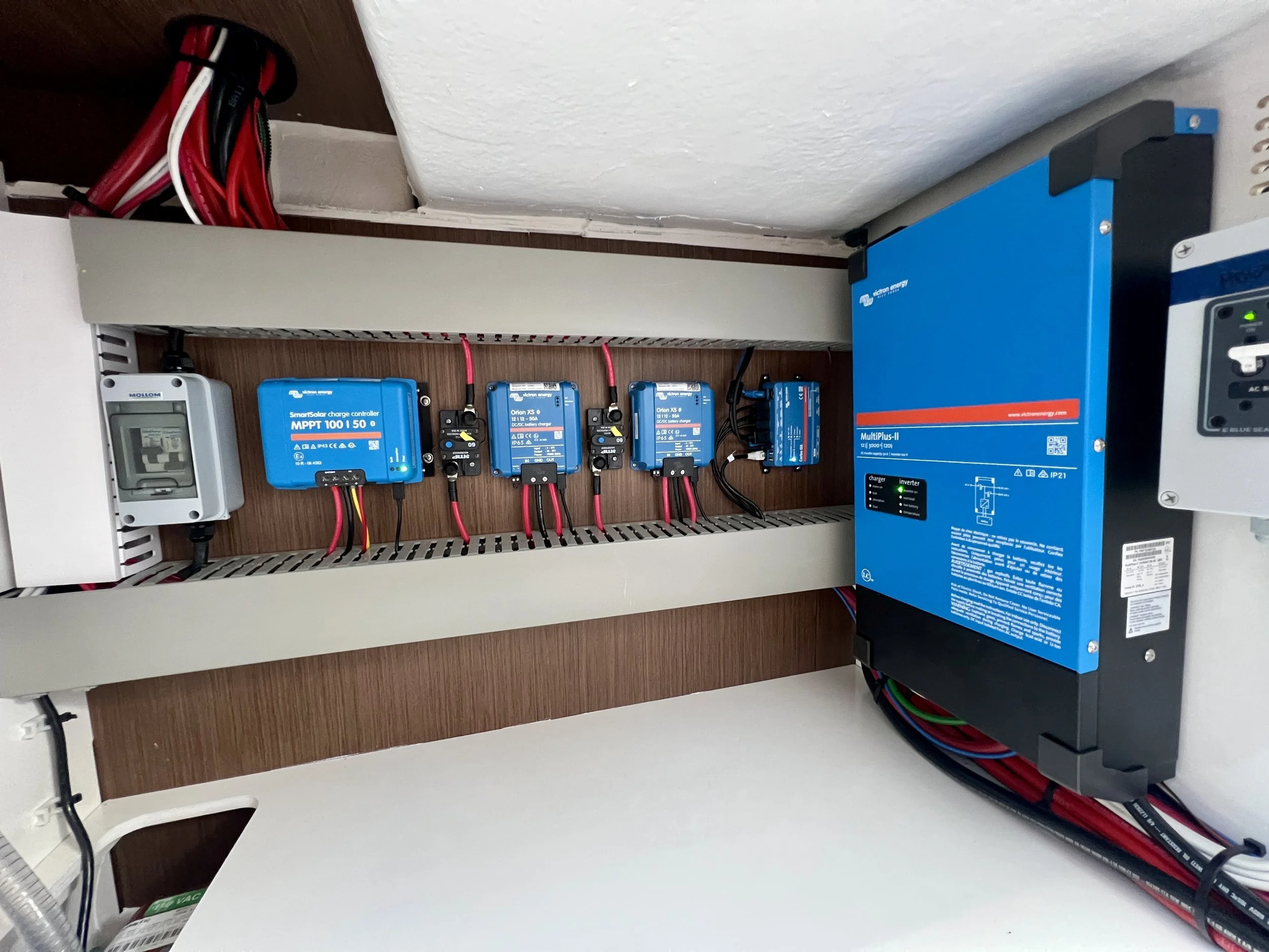 Victron marine power management system with lithium batteries and inverter installed on a Beneteau Antares 9