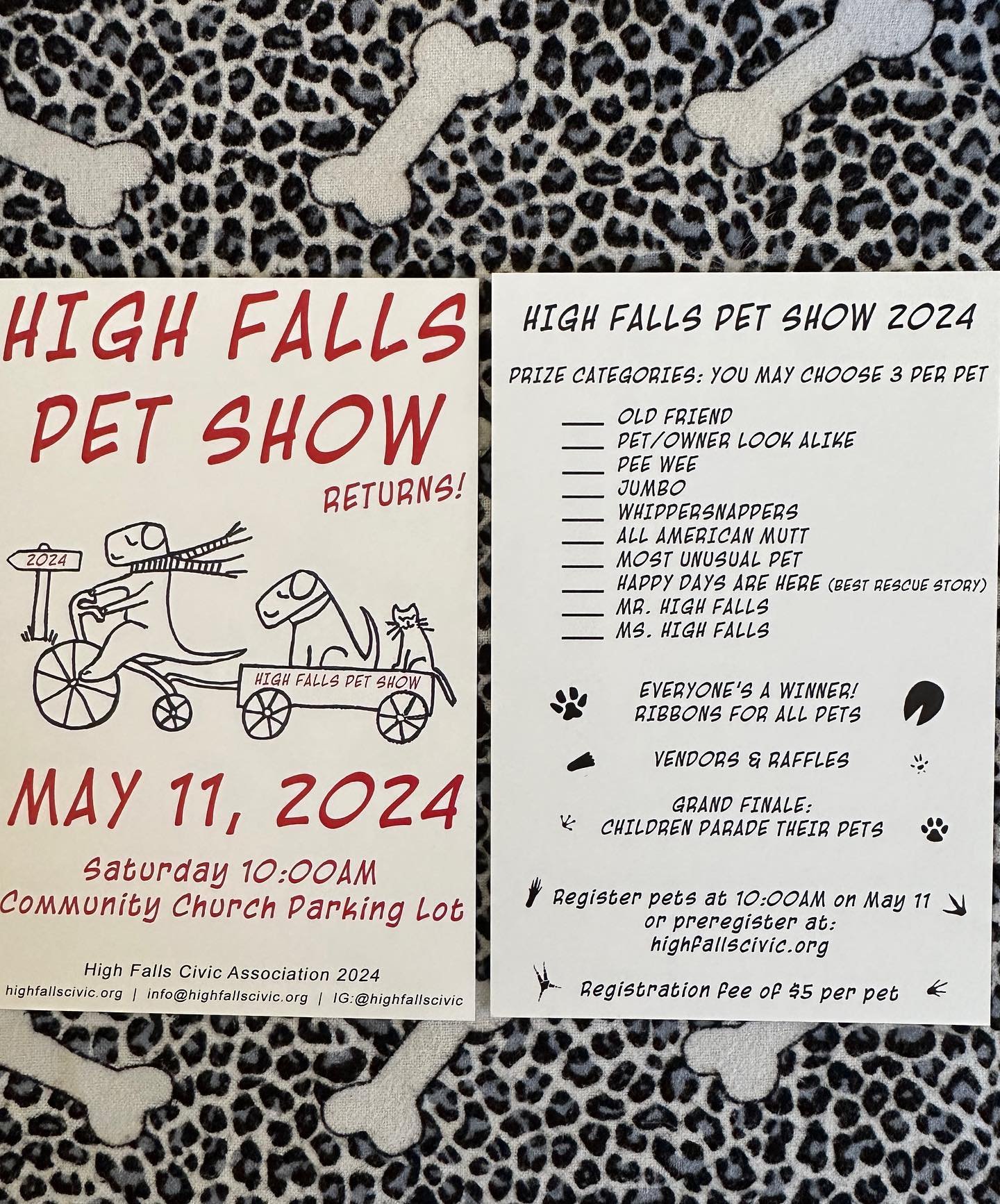 HIGH FALLS PET SHOW - potential to-do list

Save The Date (May 11th)
Ask your pet if they wanna be a contender?
If so, pre-register them at highfallscivic.org
Buy many, many raffle tickets (see previous post for availability)
Show up on the 11th and 