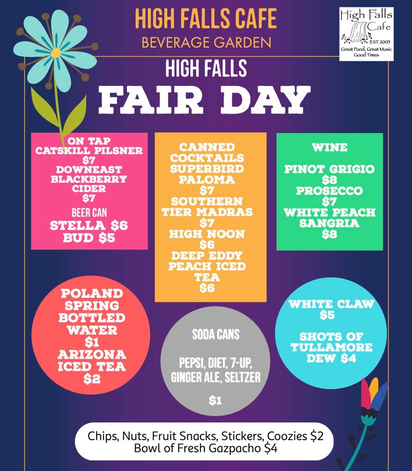 GARDEN BAR AT HIGH FALLS FAIR DAY 7/13 The High Falls Café is back in High Falls (for one day)!!!! A long term supporter of community events, the Café will take over the manicured garden of Curious Cat Antiques (formerly the Barking Dog