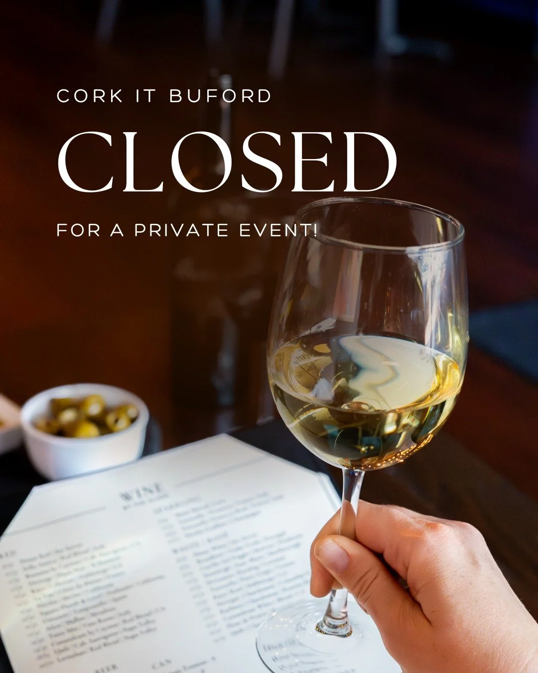 We are CLOSED today for a private event! See you tomorrow for normal hours. 
If you're interested in hosting your next event at Cork It Buford, email Elan at infor@corkitbuford.com for all of the details.