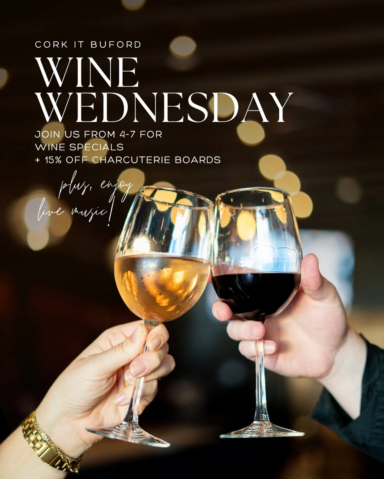 Cheers to another midweek stop at your favorite wine bar!
Live music with Makenna Bryan starts at 6:00 - see you tonight!
#WineBar #WineWednesday #CorkItBuford #BufordGA