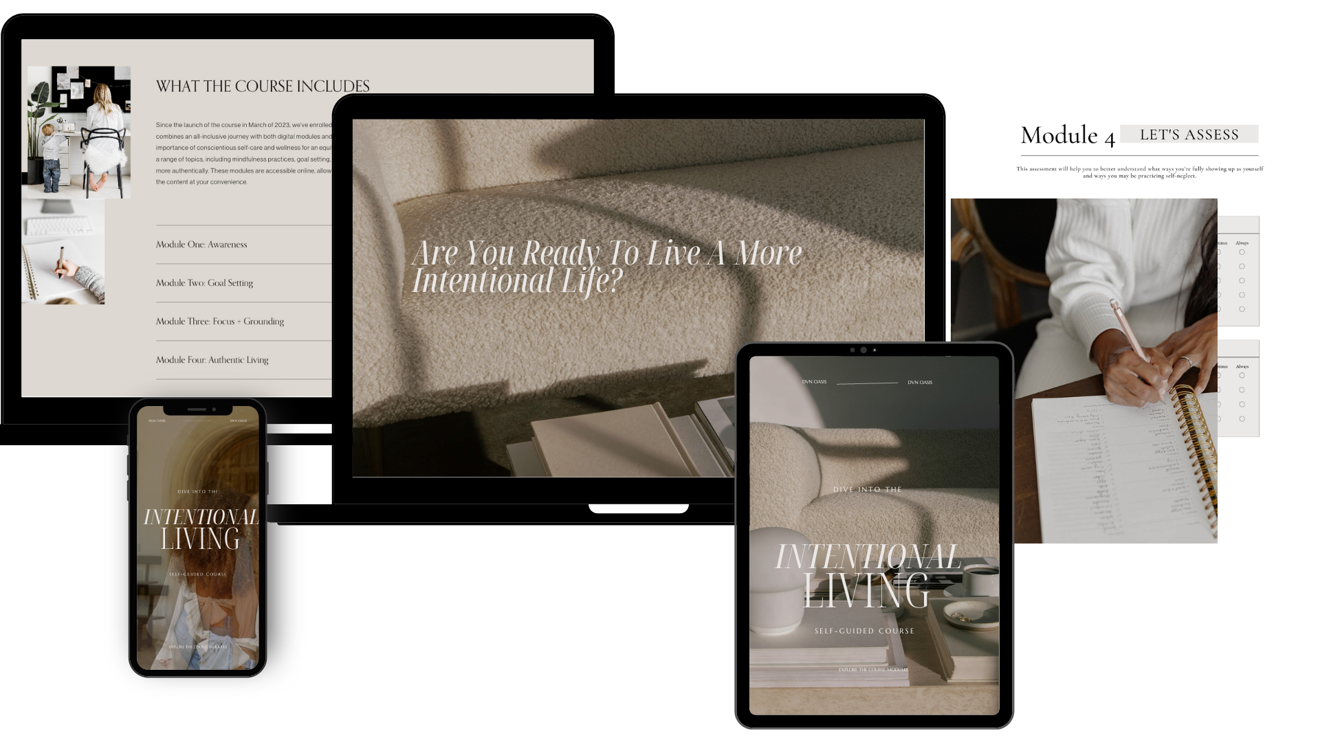Collage showing digital course materials for "Intentional Living." Includes a laptop, tablet, and phone displaying course content, a notebook, and informational text about the course modules: Awareness, Goal Setting, Focus, Grounding, and Authentic Living.