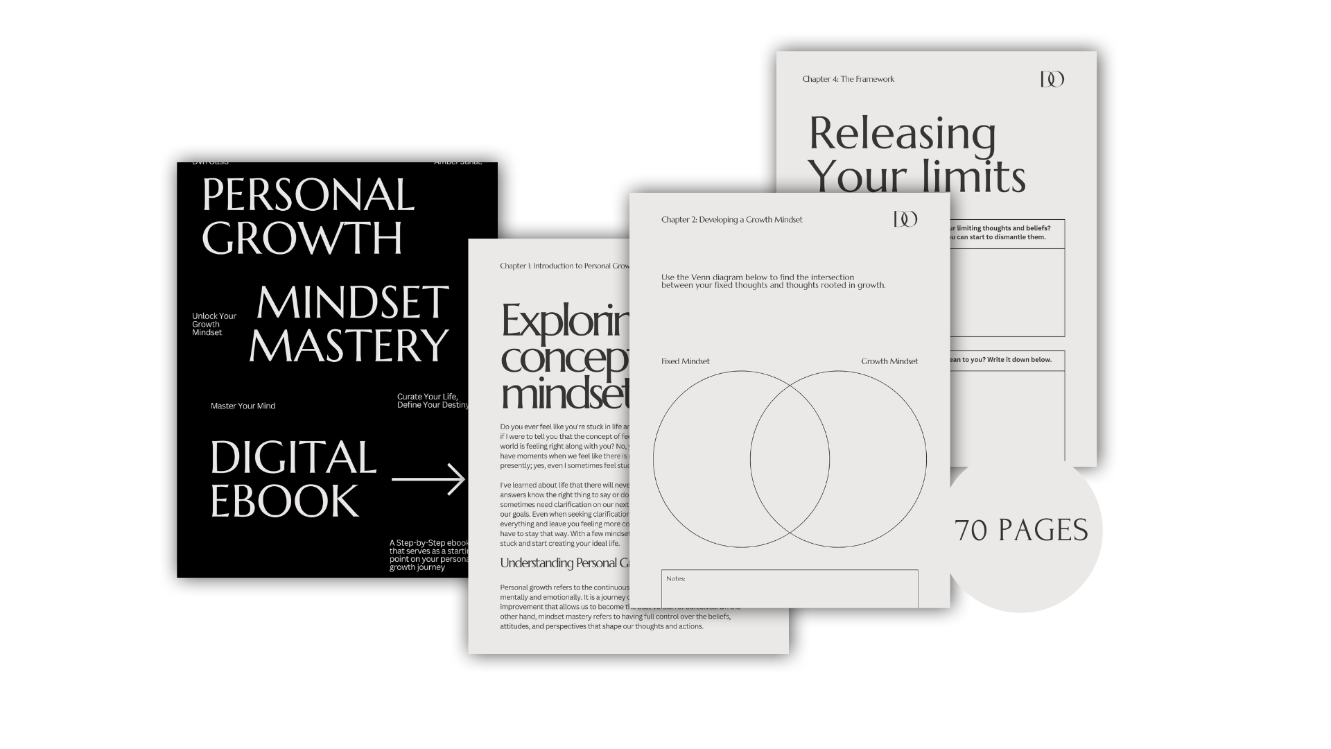 Image of a digital ebook titled 'Personal Growth Mindset Mastery,' featuring sample pages with text about exploring mindsets and developing a growth mindset, including a Venn diagram and exercises for uncovering limiting beliefs. The ebook is described as a 70-page guide for personal growth.