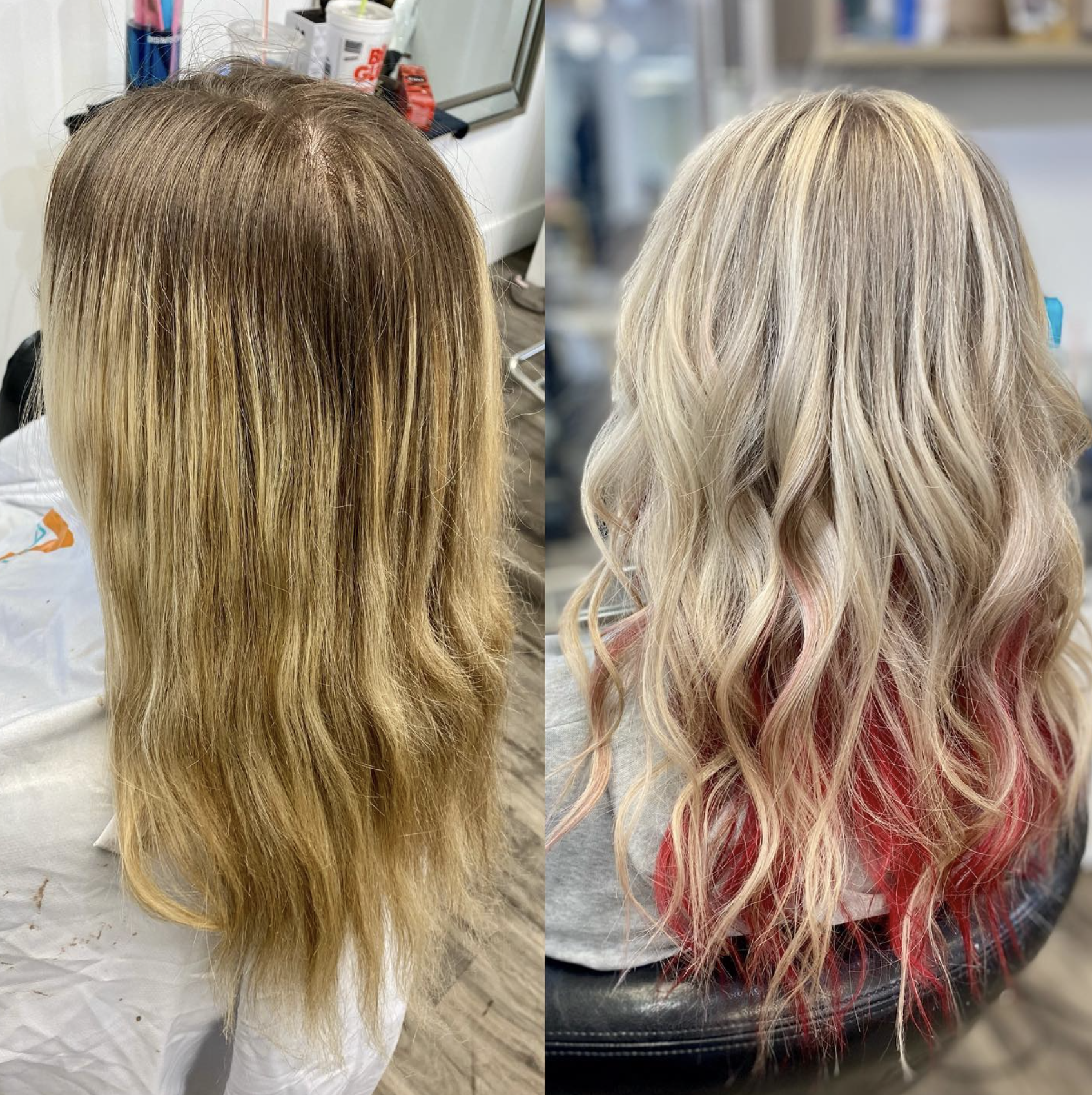 Side-by-side comparison of hair before and after coloring. The left shows light brown hair with some blonde highlights, and the right shows blonde hair with pink tips and wavy texture.