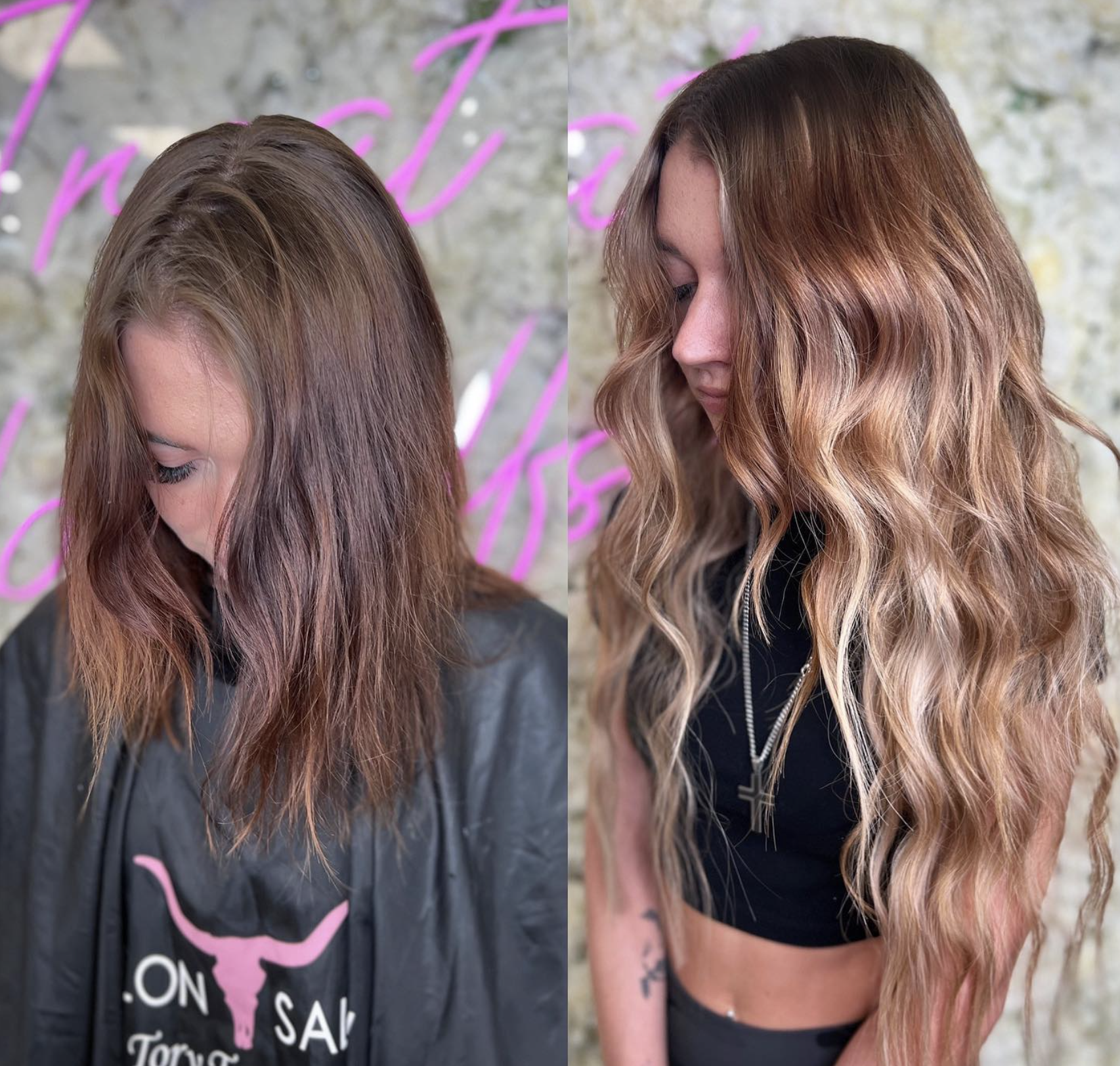 Side-by-side comparison of two women with shoulder-length hair, one with reddish-brown hair and the other with blonde hair. The woman on the left has straight hair, while the woman on the right has wavy hair. Both are facing downward, with the backgr