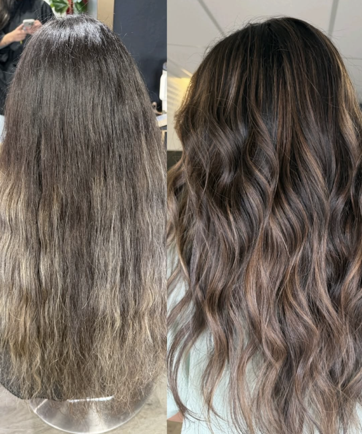 Side-by-side comparison of a person's hair before and after a styling treatment. The left side shows frizzy, straight hair, while the right side shows smooth, wavy hair with a richer brown color.