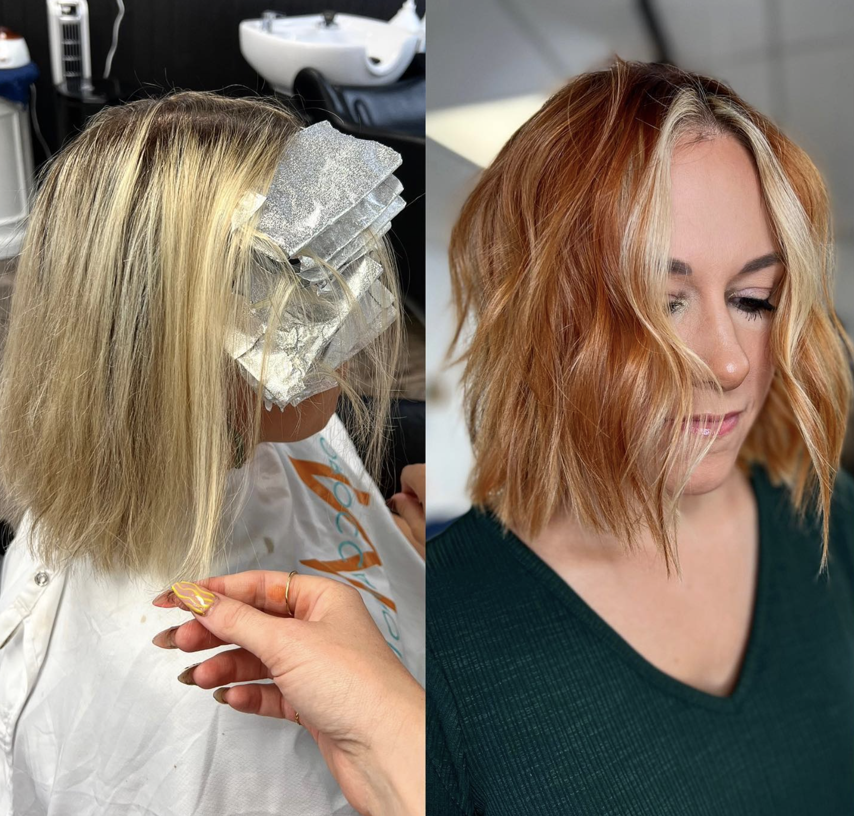 Side-by-side comparison of a woman with blonde hair before and after hair coloring. The left shows hair with roots being colored, covered with foil. The right shows the woman with vibrant, reddish-orange hair after coloring, smiling with eyes closed,