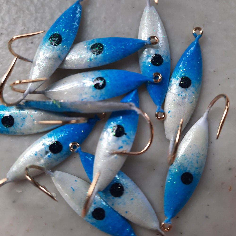 Bombite 52Pcs Ice Fishing Lures Ice Fishing Jigs Kit Glowing Paint
