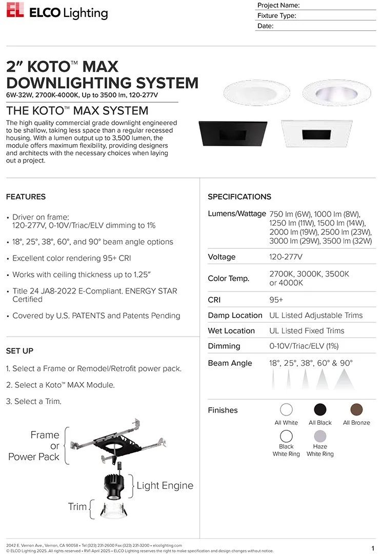 Product datasheet for ELCO Lighting's 2-inch KOTO MAX Downlight System, featuring specifications for lumens, wattage, voltage, color options, CRI, trim details, setup instructions, and finish options.
