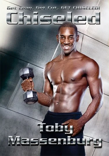 A shirtless man holding a dumbbell in a gym, smiling at the camera. The book cover has the title "Chiseled" and the author's name, Toby Massenbury. The background shows gym walls and equipment.