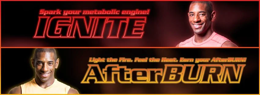 Advertisement poster promoting a fitness or workout supplement called Ignite and Afterburn, featuring photos of a smiling man in a pink shirt and a yellow tank top, with bold red, orange, and black text.