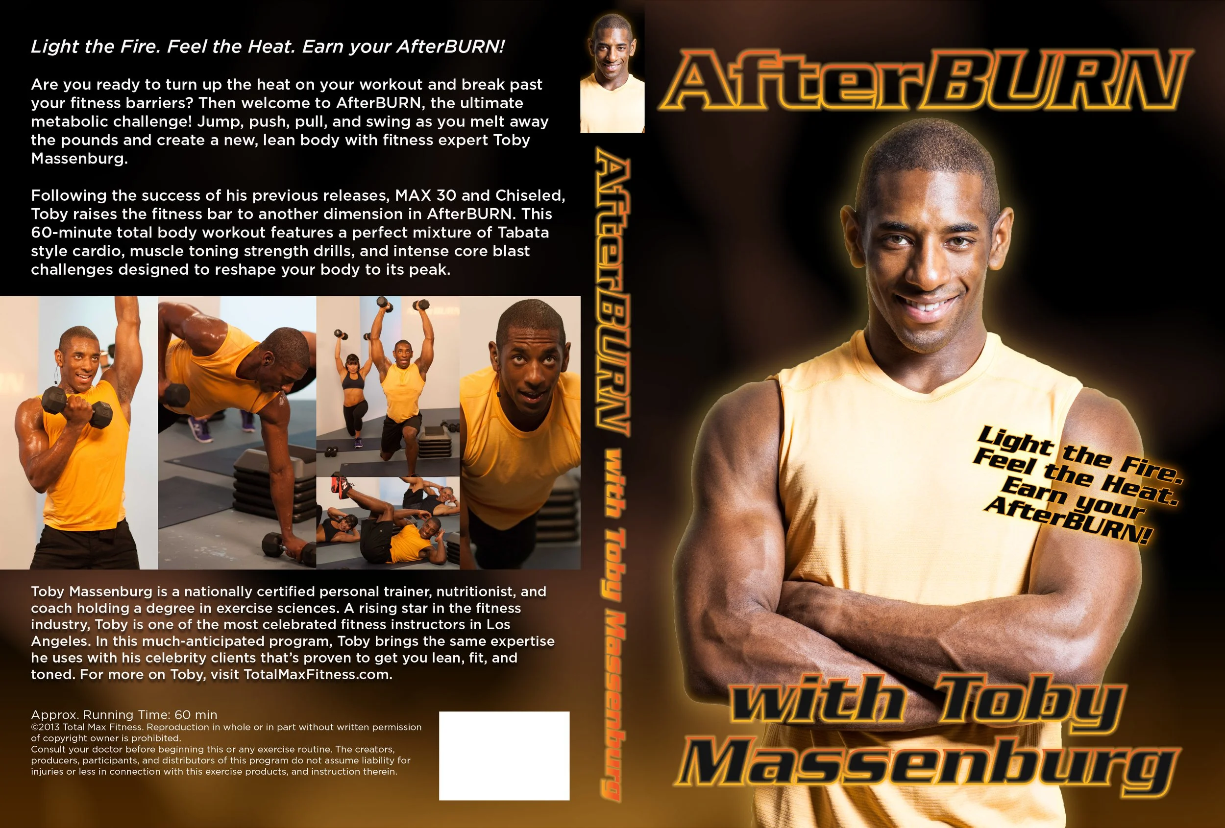 Front cover of a fitness DVD titled 'AfterBURN with Toby Massenburg.' The cover shows a smiling African American man in a yellow sleeveless shirt with crossed arms. The background is dark with warm lighting, highlighting his muscular build. The title and motivational text are in bold orange and black fonts. The back cover features several photos of the instructor performing various exercises, and a description of the workout program and instructor's credentials.