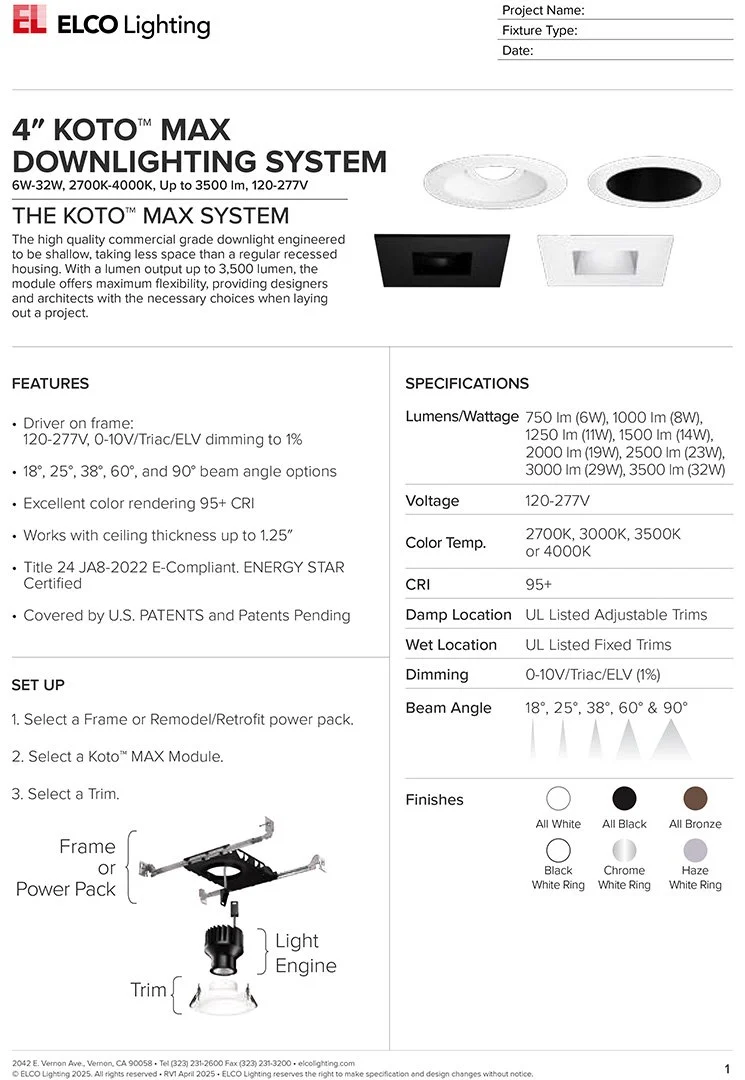 Specification sheet for ELCO Lighting's 4" KOTO MAX Downlighting System, showing product features, specifications, setup instructions, and finish options.