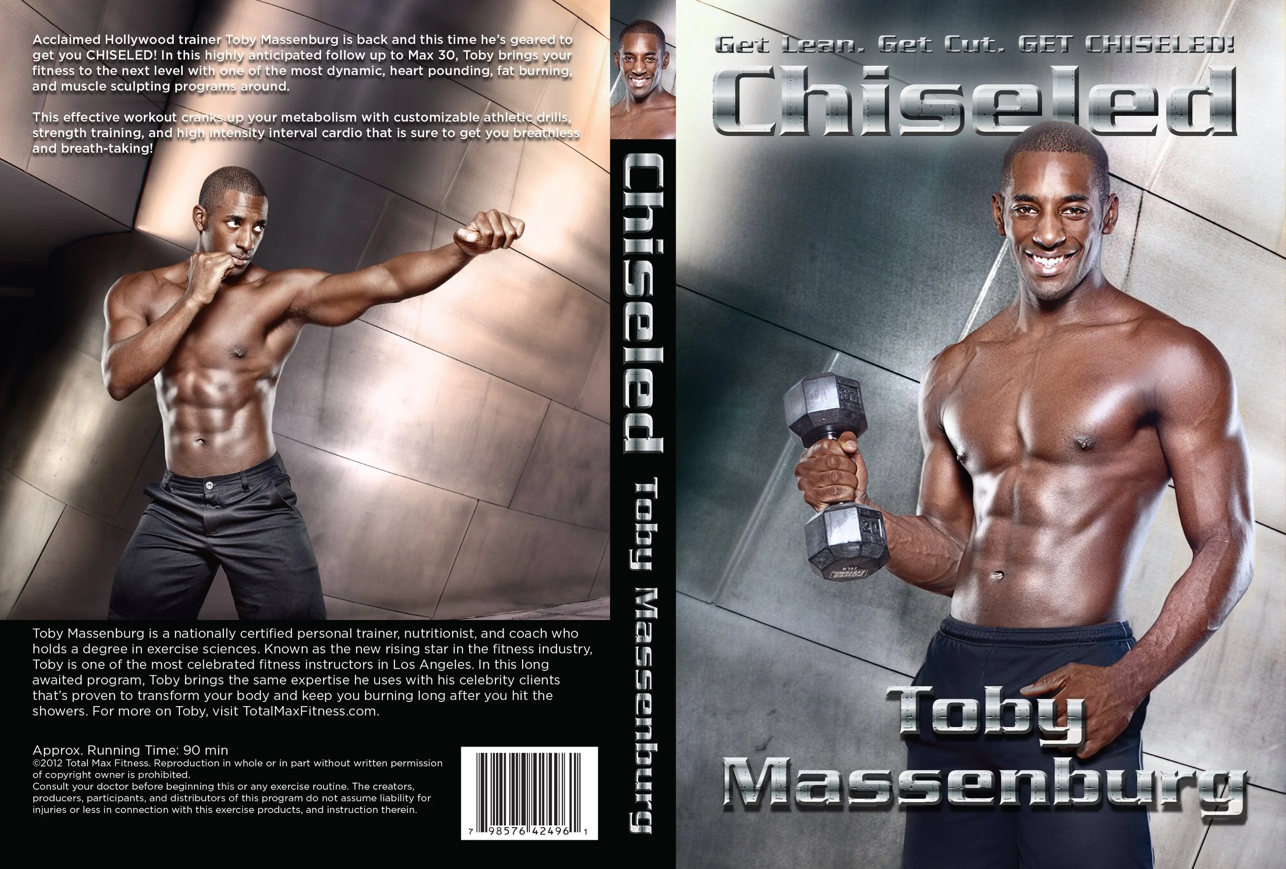 Cover of a fitness book featuring a male fitness trainer, Toby Massenburg. The front shows him smiling, shirtless, holding a dumbbell in one hand. The back has an image of him boxing, shirtless, in a fighting pose.