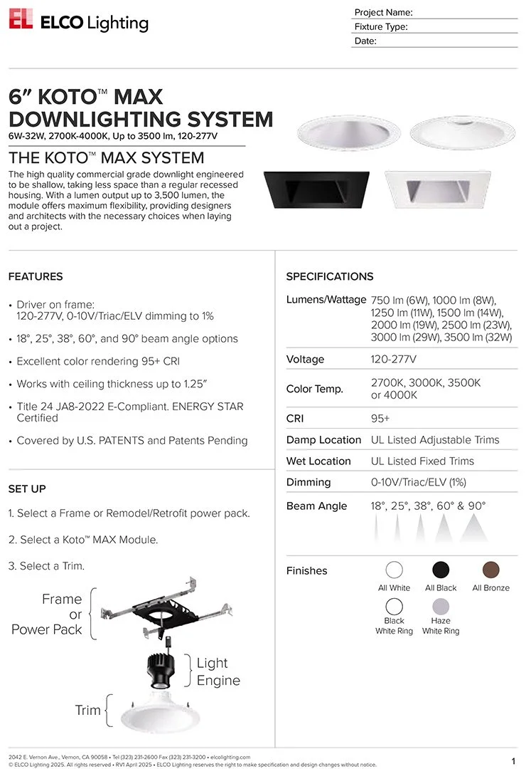 A product information sheet for ELCO Lighting's 6-inch KOTO MAX Downlighting System. It includes details about features, specifications, setup instructions, and available finishes.