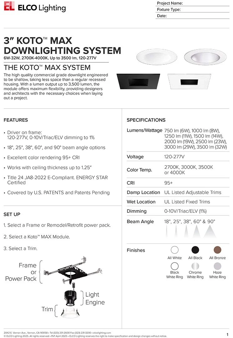 Product data sheet for ELCO Lighting's 3-inch KOTO MAX Downlighting System, including product features, specifications, setup instructions, and installation diagram.