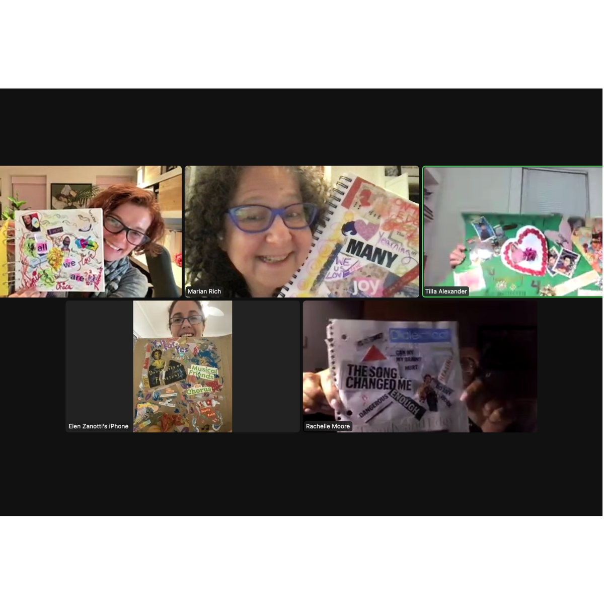 Five women in a Zoom video call showing colorful decorated notebooks and collages with various words, images, and stickers.