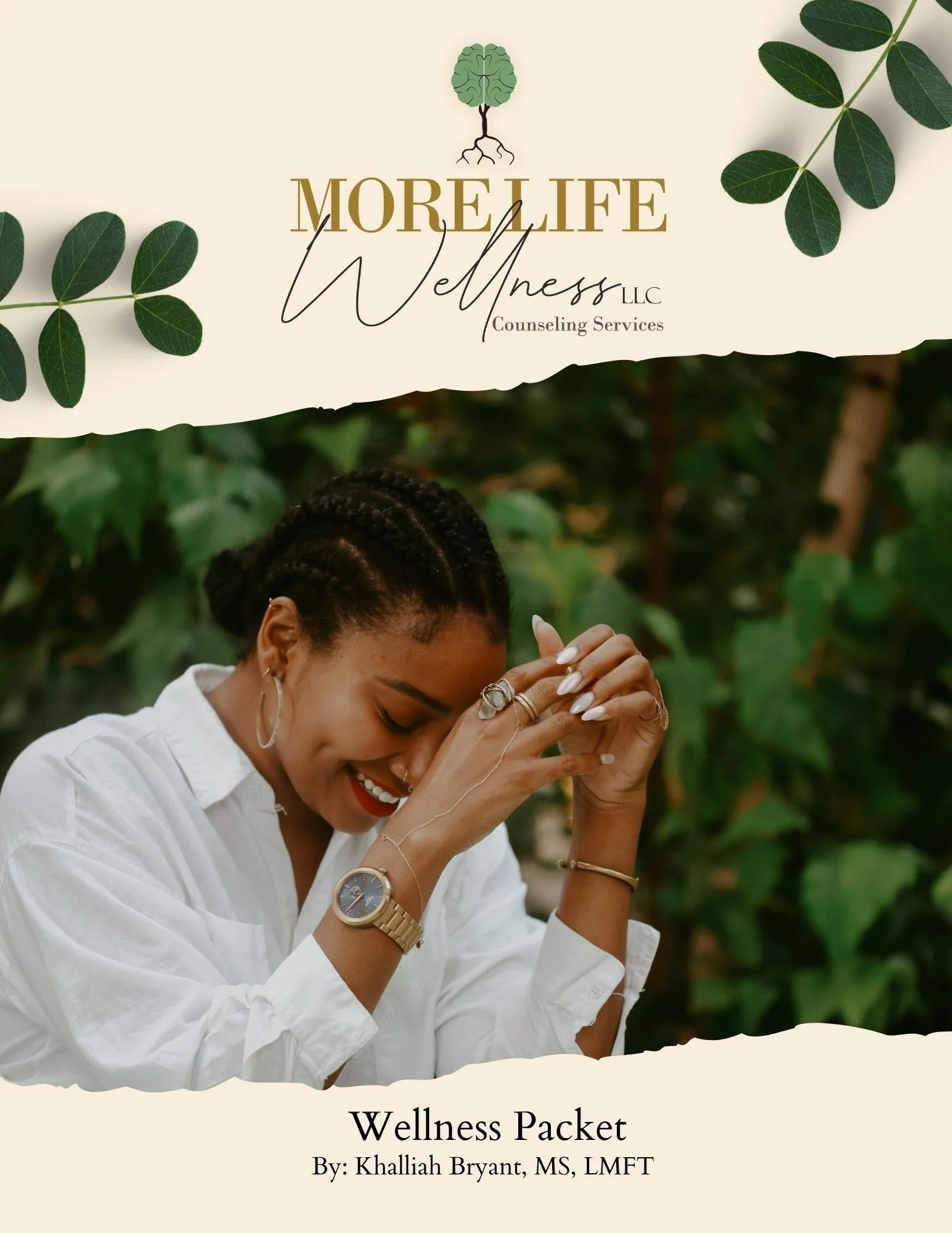 Cover of More Life Wellness counseling services packet featuring smiling woman with braided hair, wearing white blouse and jewelry, against leafy background. Text: "MORE LIFE Wellness LLC Counseling Services" and "Wellness Packet By: Khalliah Bryant, MS, LMFT."