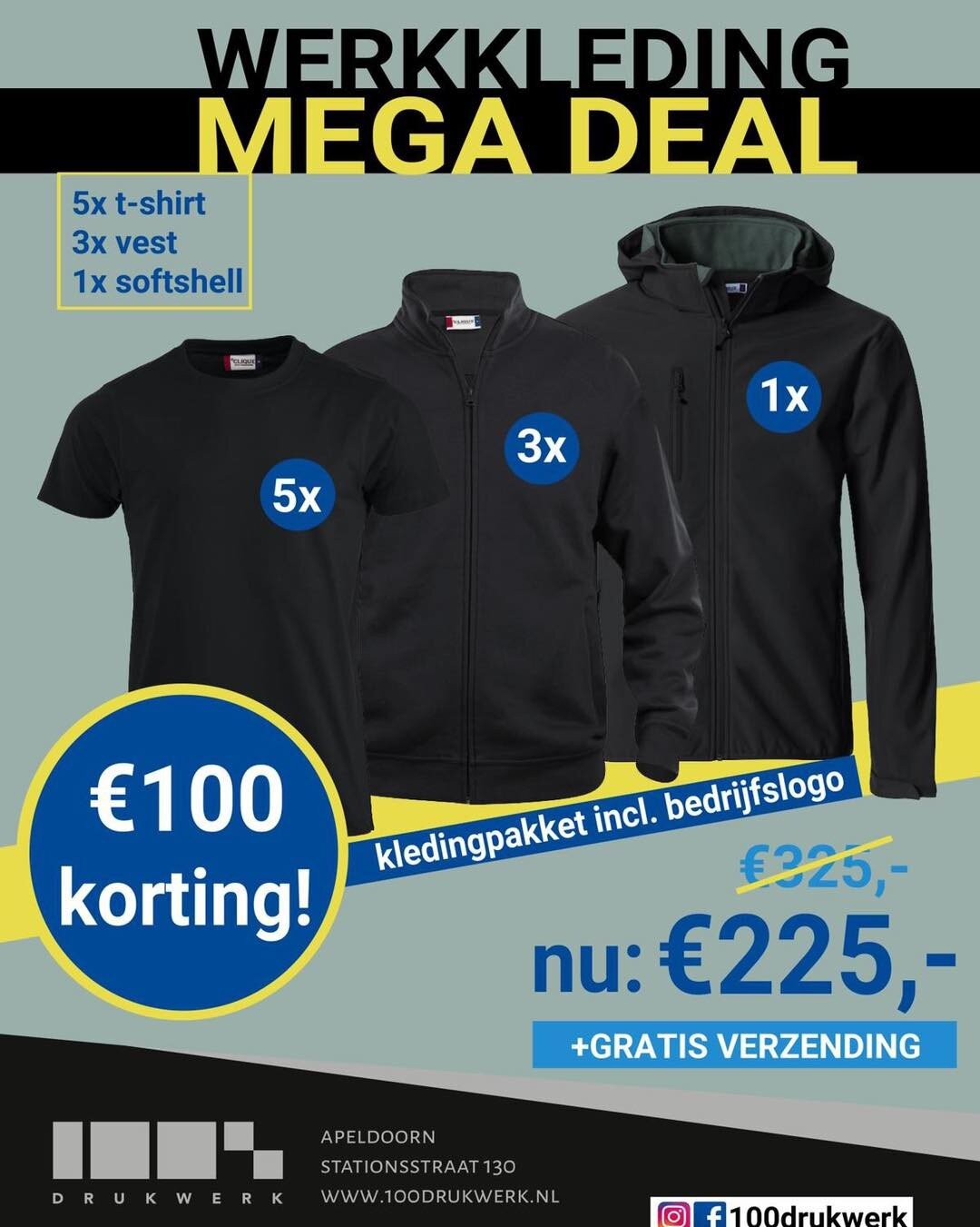 MEGA DEAL op onze werkkleding, nu met &euro;100 korting! ✅

In ons werkkleding pakket zit het volgende:

◾️ 5x T-Shirt
◾️ 3x Vest
◾️ 1x Softshell jas

Alle items voorzien van bedrijfslogo, en dit allemaal voor de prijs van &euro;225,- 

Vraag nu snel