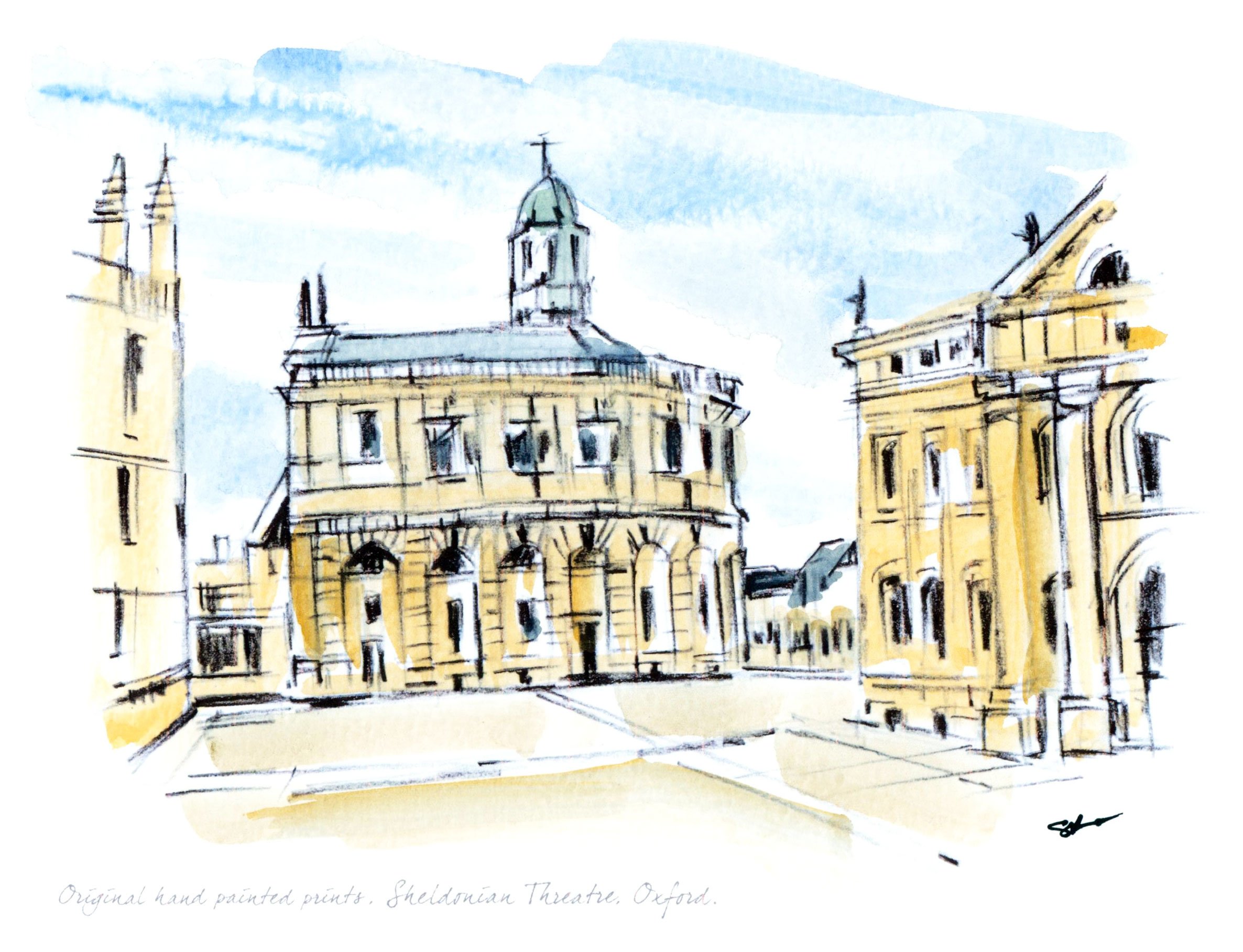 Sheldonian Theatre Oxford, hand painted watercolour and black print .