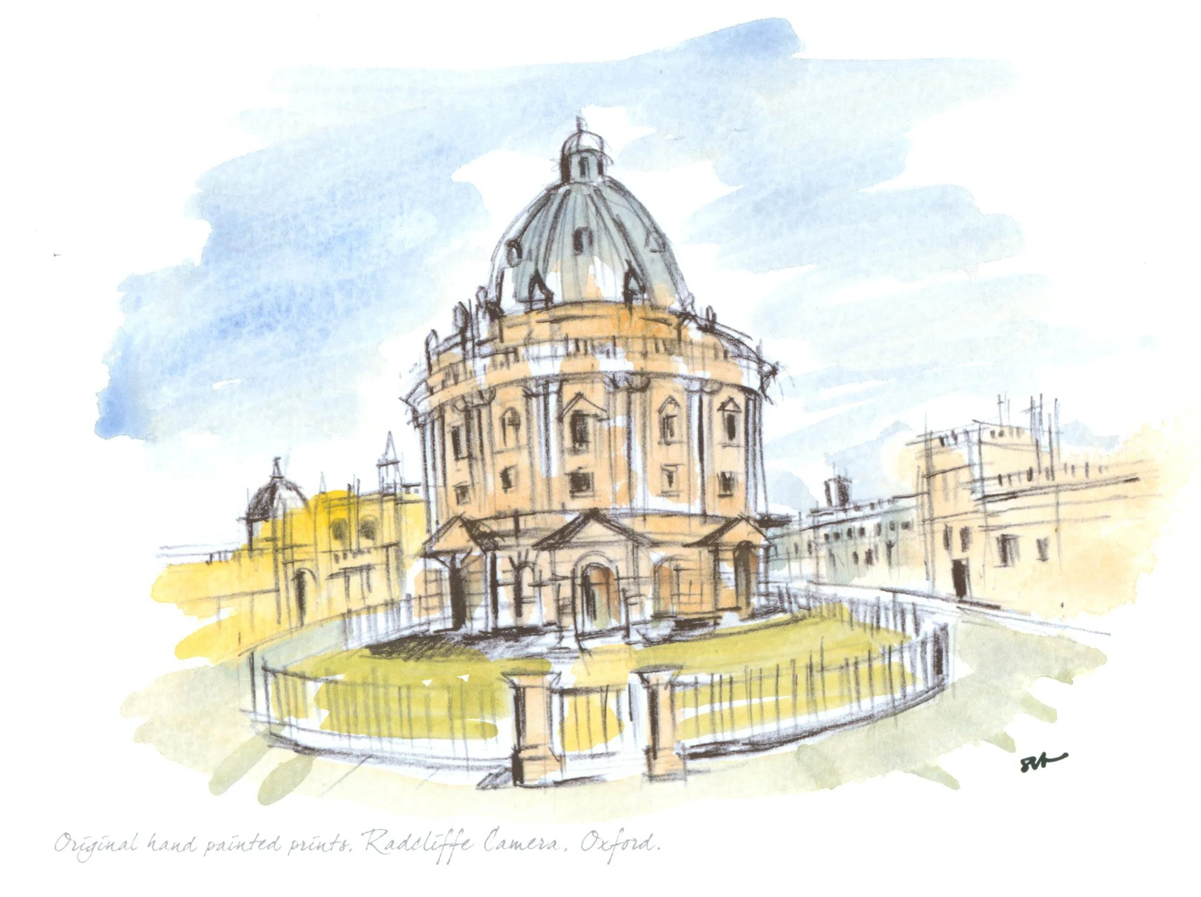 Radcliffe Camera, hand painted watercolour and black print.