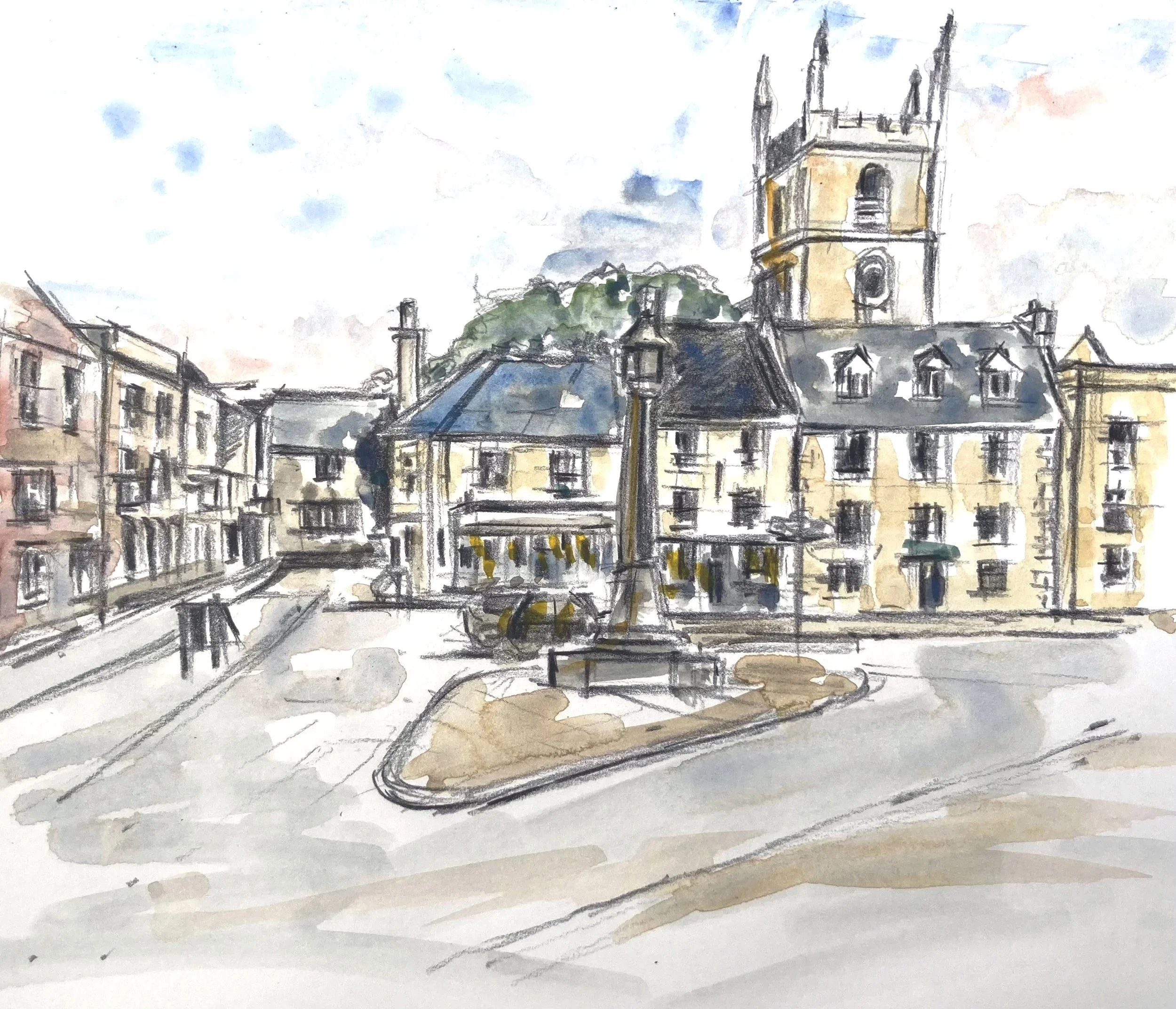 Stowe on the Wold, hand painted watercolour and black print for sale £29.00 A5 art area on A4 art print paper, framed £49.00