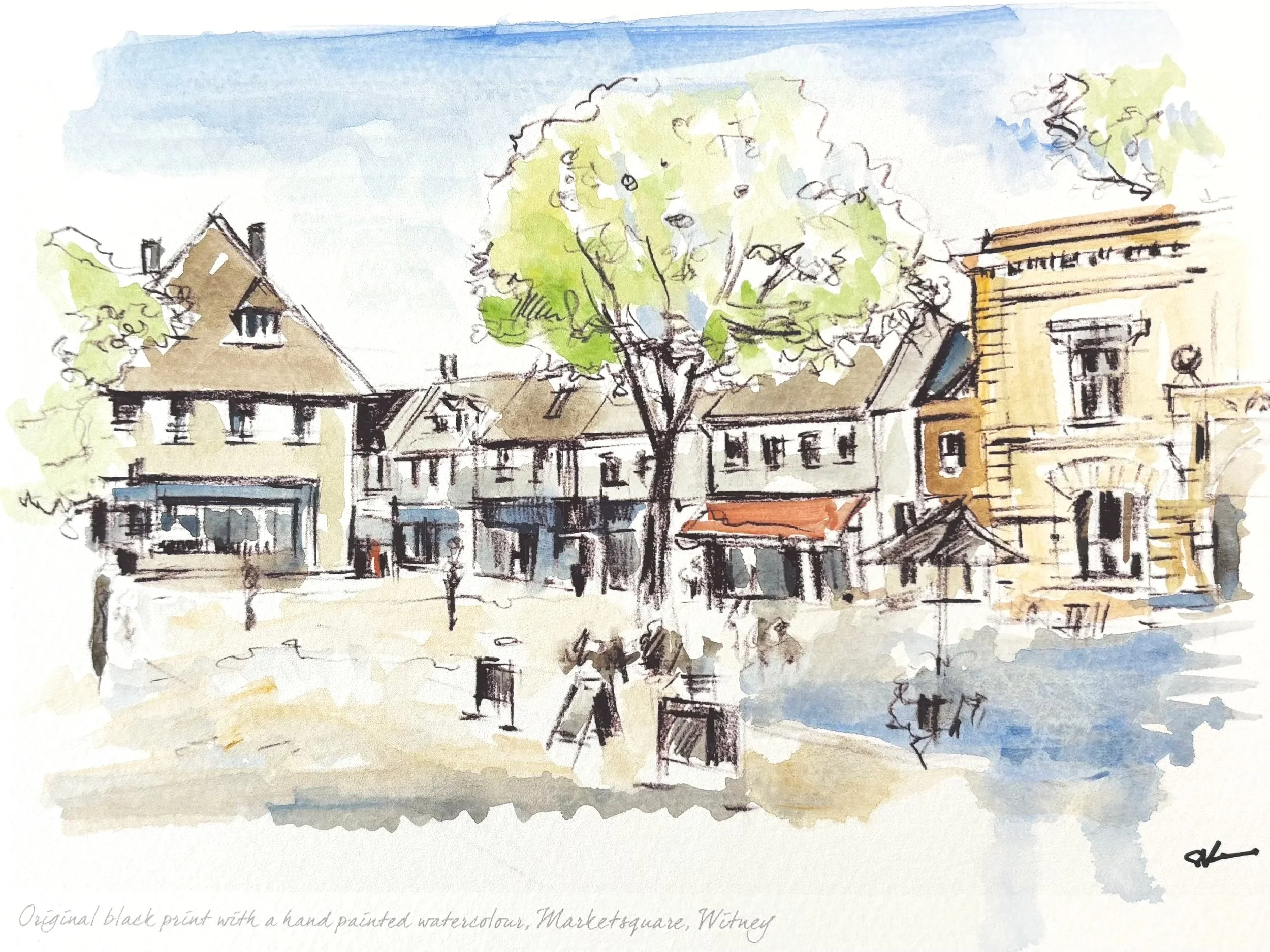 Market square, Witney hand painted watercolour and black print for sale £29.00 A5 art area on A4 art print paper, framed £49.00