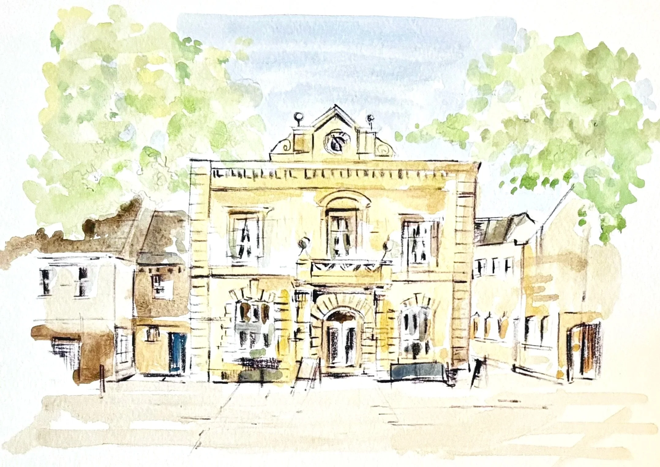 Corn Exchange, Witney, hand painted watercolour and black print for sale £29.00 A5 art area on A4 art print paper, framed £49.00