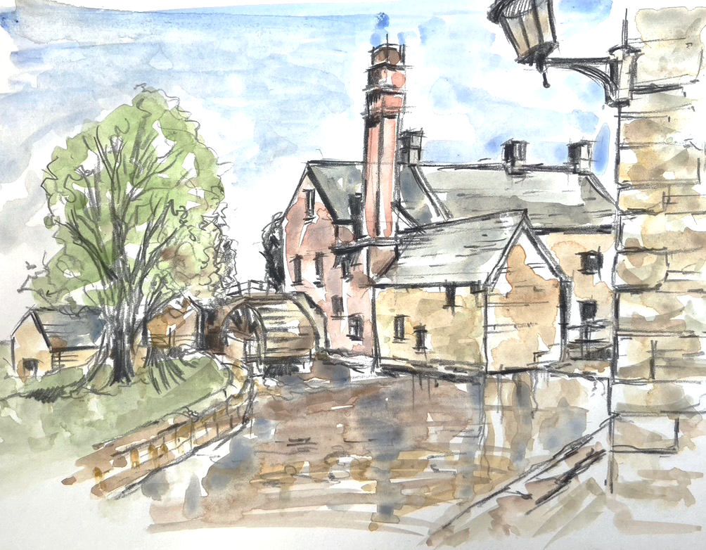 Lower Slaughter Mill, hand painted watercolour and black print for sale £29.00 A5 art area on A4 art print paper, framed £49.00