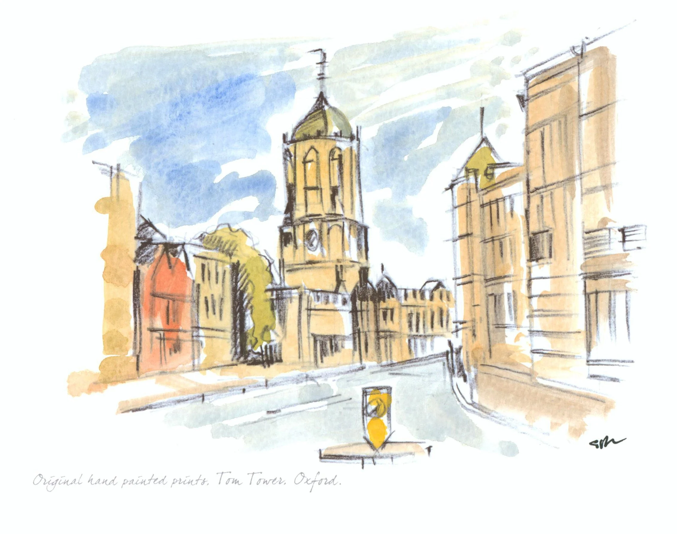 Tom Tower Oxford, hand painted watercolour and black print.
