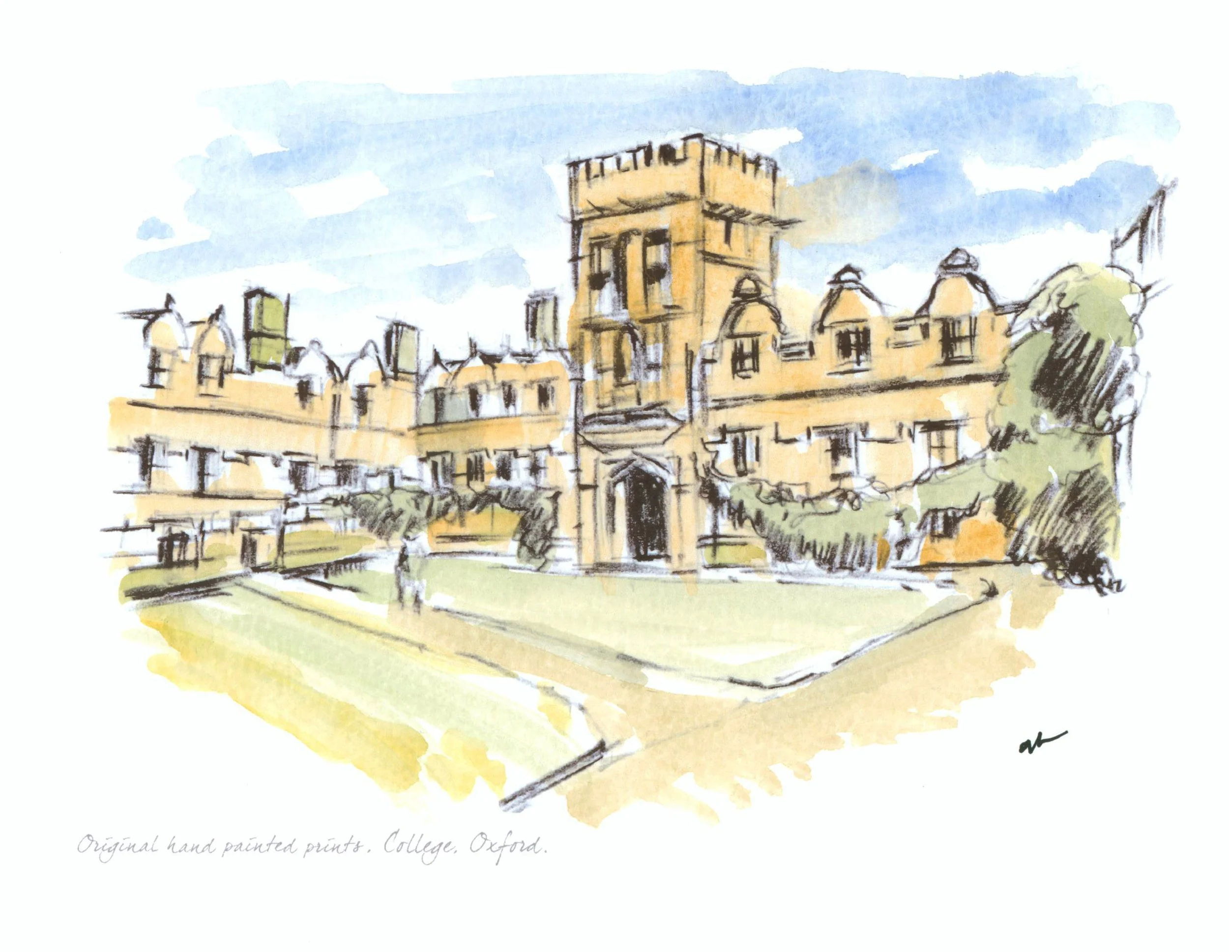 College, Oxford, hand painted watercolour and black print for sale £29.00 A5 art area on A4 art print paper, framed £49.00