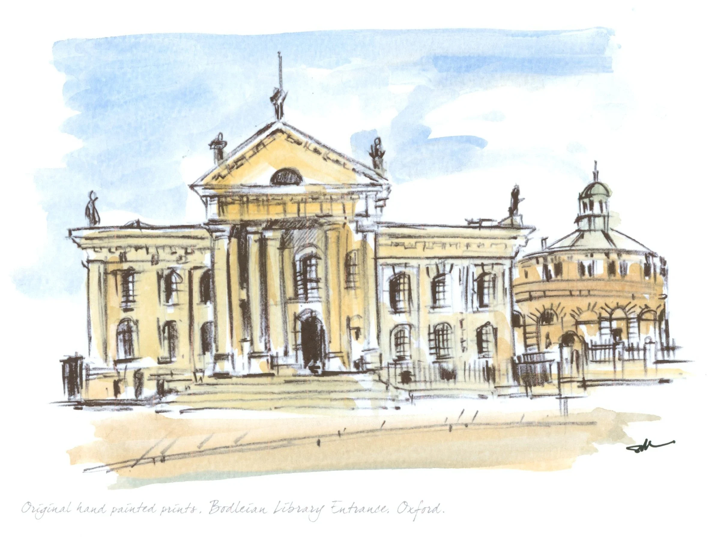 Bodleian Library Entrance Oxford, hand painted watercolour and black print .