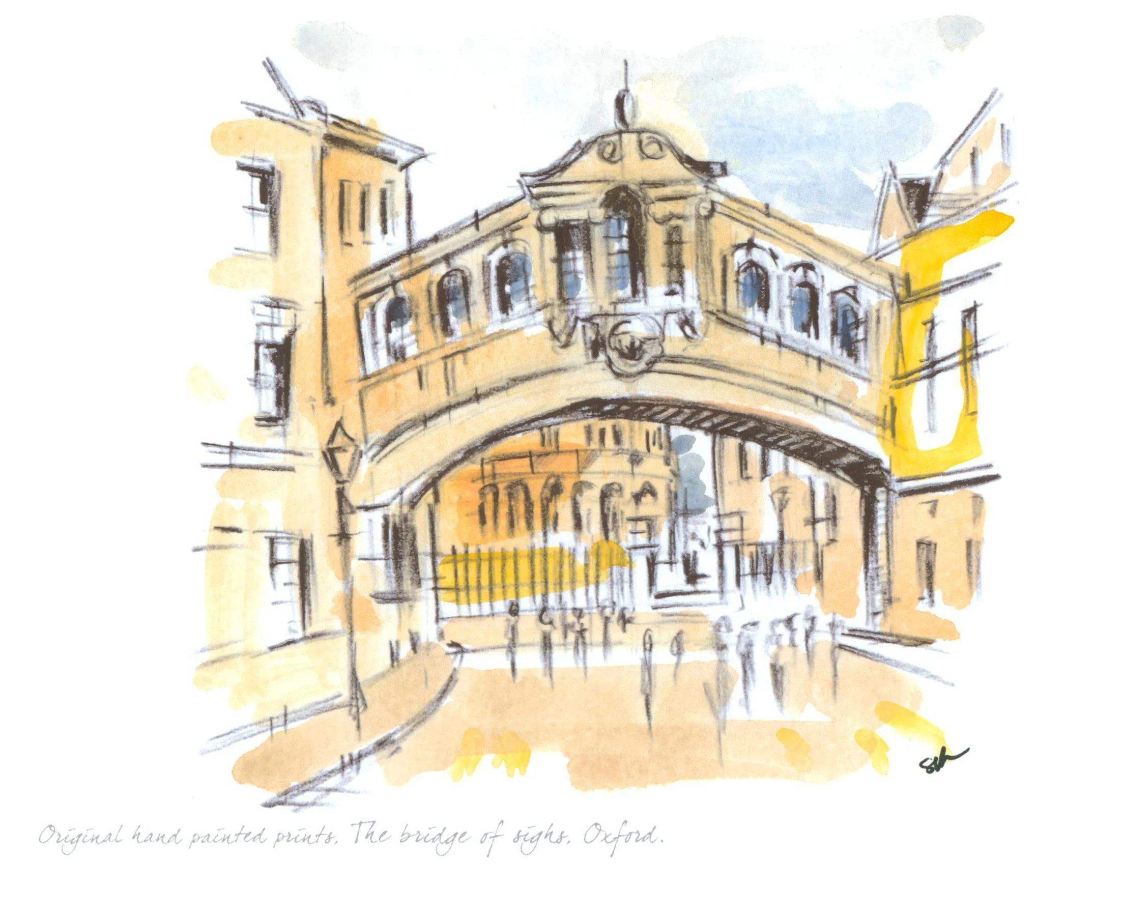 Bridge of Sighs Oxford, hand painted watercolour and black print .