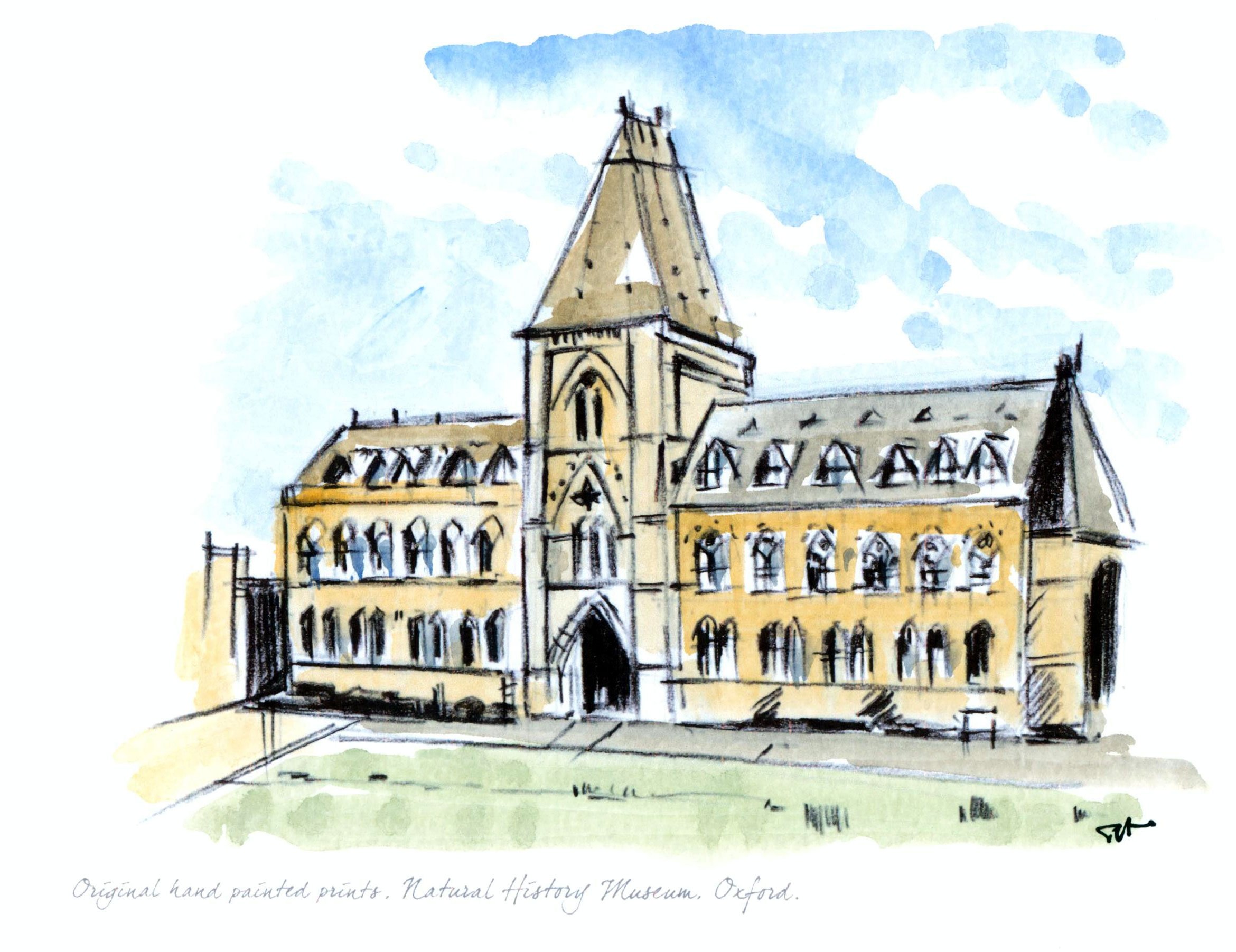 Natural History Museum Oxford, hand painted watercolour and black print .