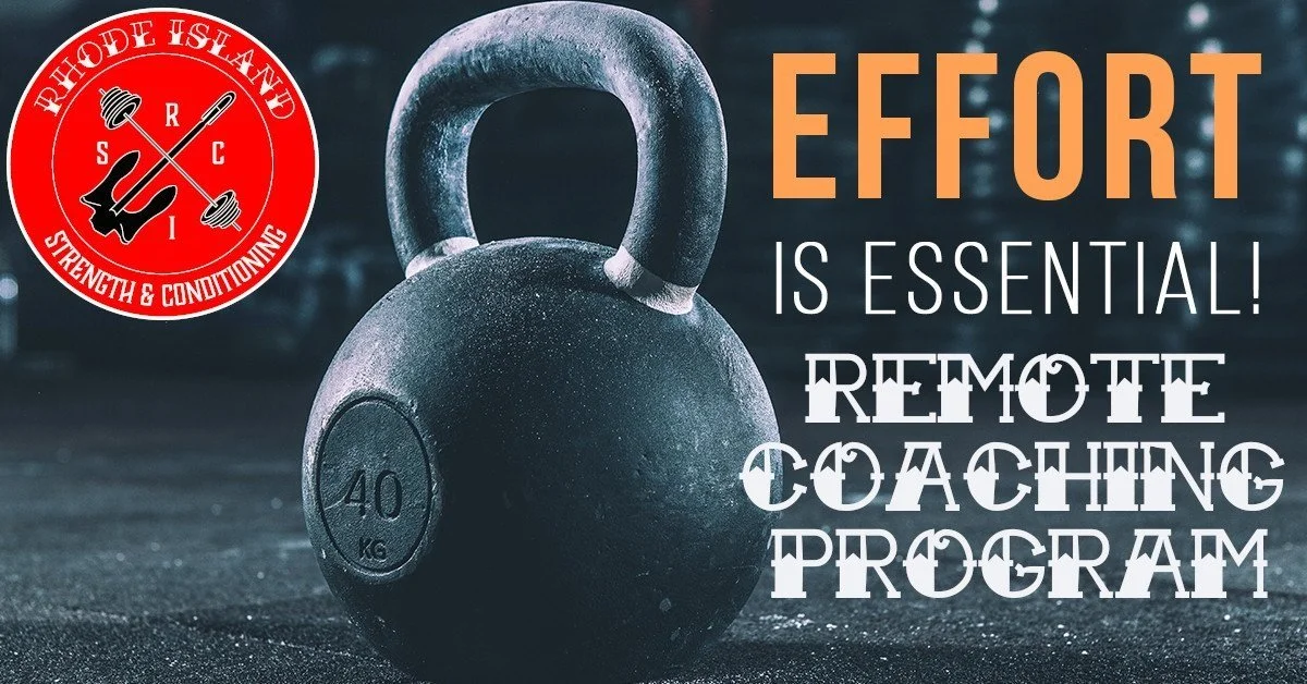 A black 40 kg kettlebell on a gym floor with the logo of Rhode Island Strength & Conditioning in the top left corner. Overlay text says, 'Effort is essential! Remote coaching program.'