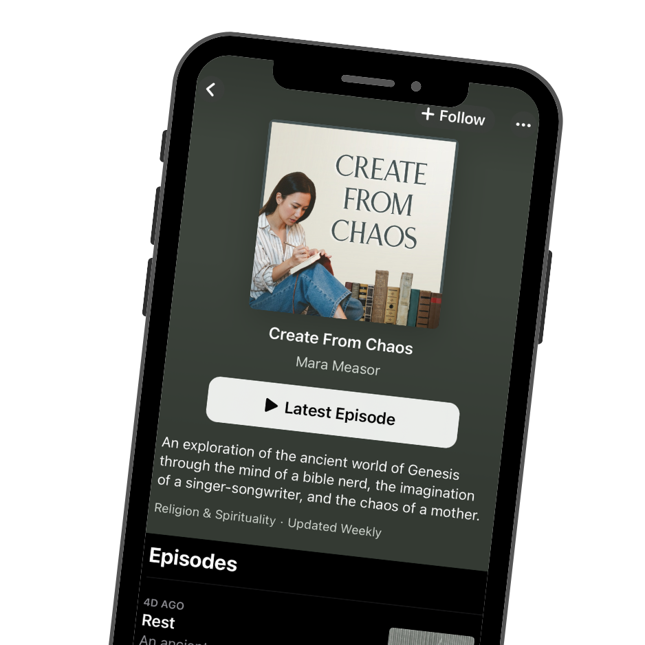 A smartphone screen displays a podcast page for 'Create From Chaos' by Mara Measor, featuring a woman writing in a notebook, with a stack of books beside her, and the podcast's title and description visible.