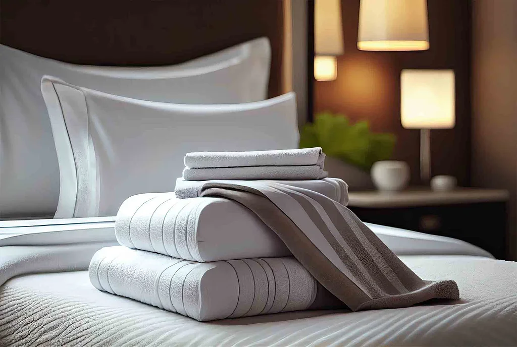 Stacked white towels and linens on a neatly made bed in a hotel room with lamps and plants in the background.
