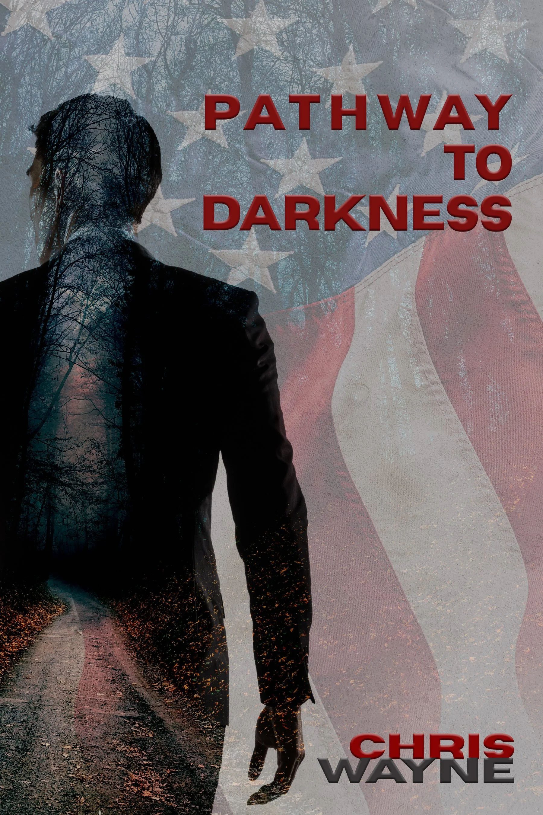 Book cover with silhouette of a man overlaid with a forest path and the American flag, titled "Pathway to Darkness" by Chris Wayne.