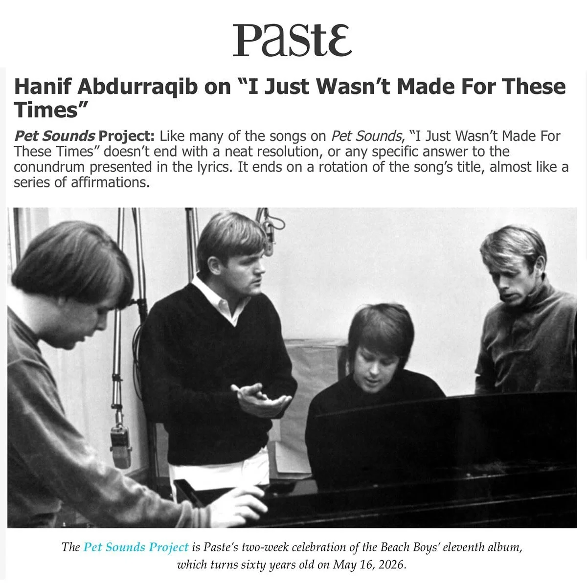 The Pet Sounds Project is Paste Magazines&rsquo;s two-week celebration of the Beach Boys&rsquo; eleventh album, which turns sixty years old on May 16, 2026. Link in Bio.

@pastemagazine