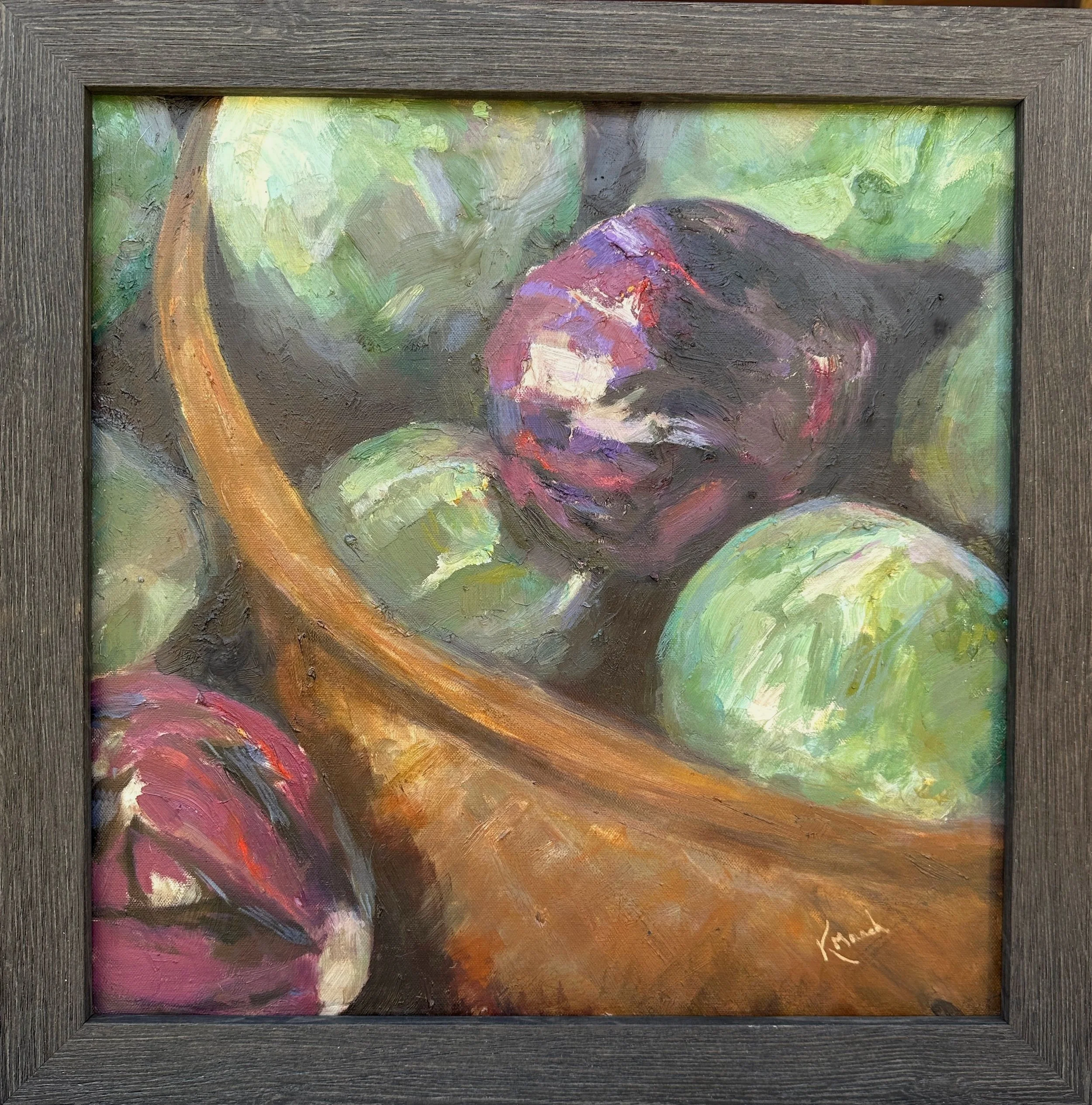 Oil painting of green and purple cabbage set in a basket from a Farmer's harvest, painted by Kristi Marsh in Freeport Maine