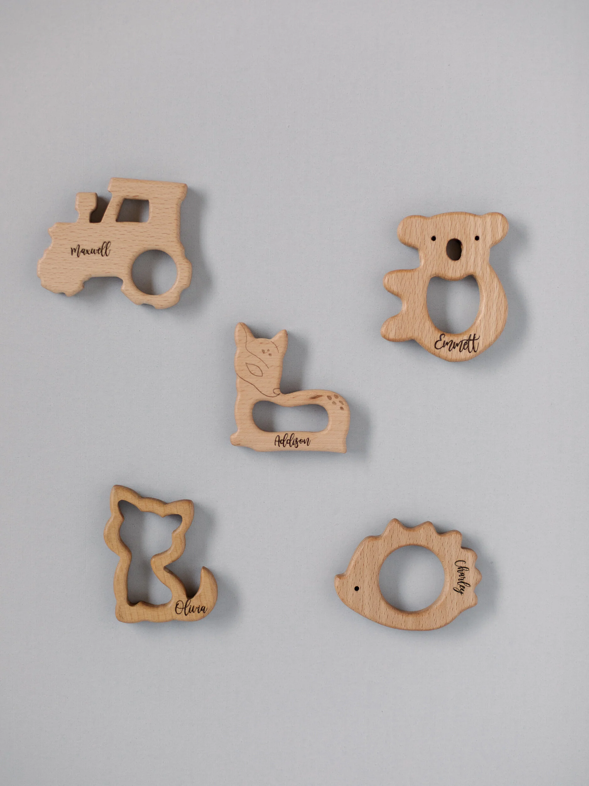 Five wooden animal-shaped ornaments with engraved names on a light gray surface.