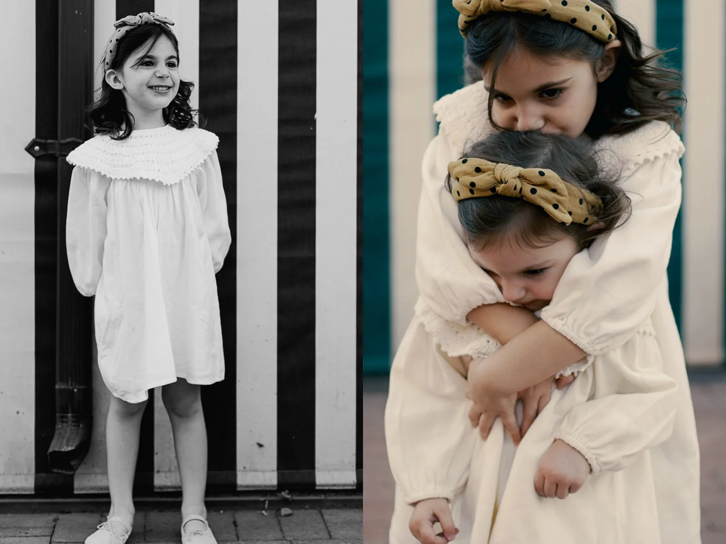 A side-by-side comparison of a young girl in a white dress with puffed sleeves and a polka-dot headband, smiling brightly in black-and-white on the left, and the same girl hugging a younger girl in a similar dress and headband on the right, both with