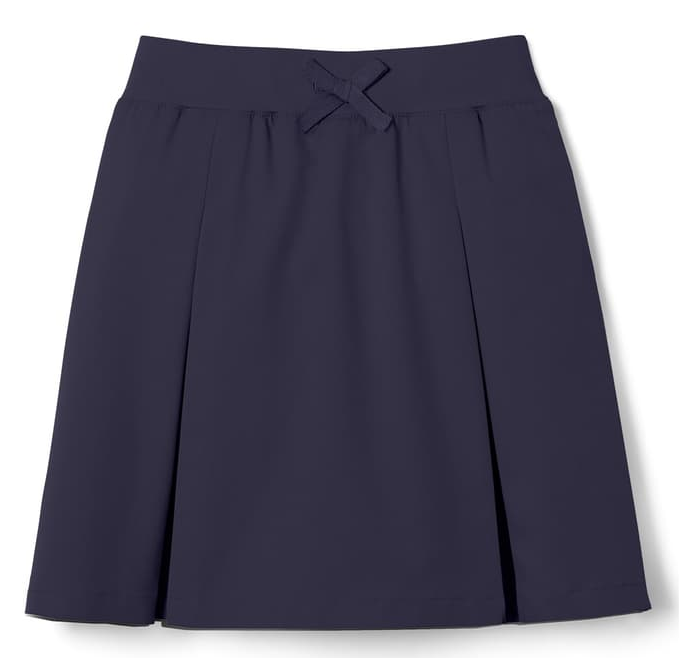 Navy blue skirt with pleats and a drawstring waistband.