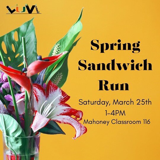 This Saturday March 25th we will be hosting our Spring Sandwich Run ‼️

Join us from 1pm-4pm @ Mahoney Classroom 116

🌎Ways you can help:
Join us to prepare meals, donate items from our list, or donate monetarily.
If you are unfamiliar or need assis